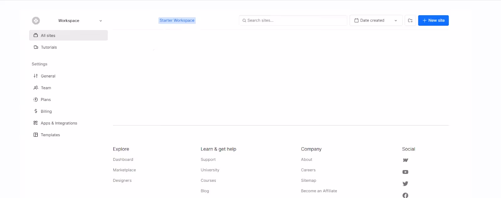 new site button in Webflow