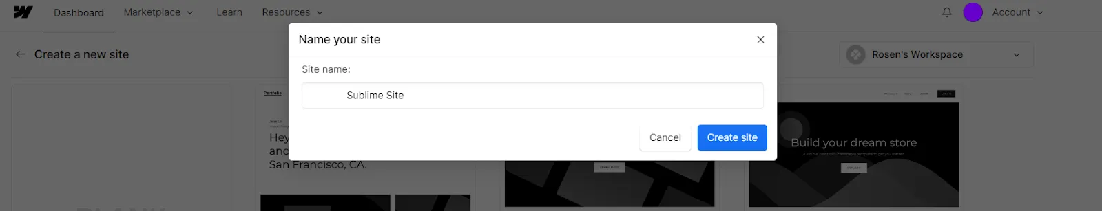 Name your site Webflow Dashboard