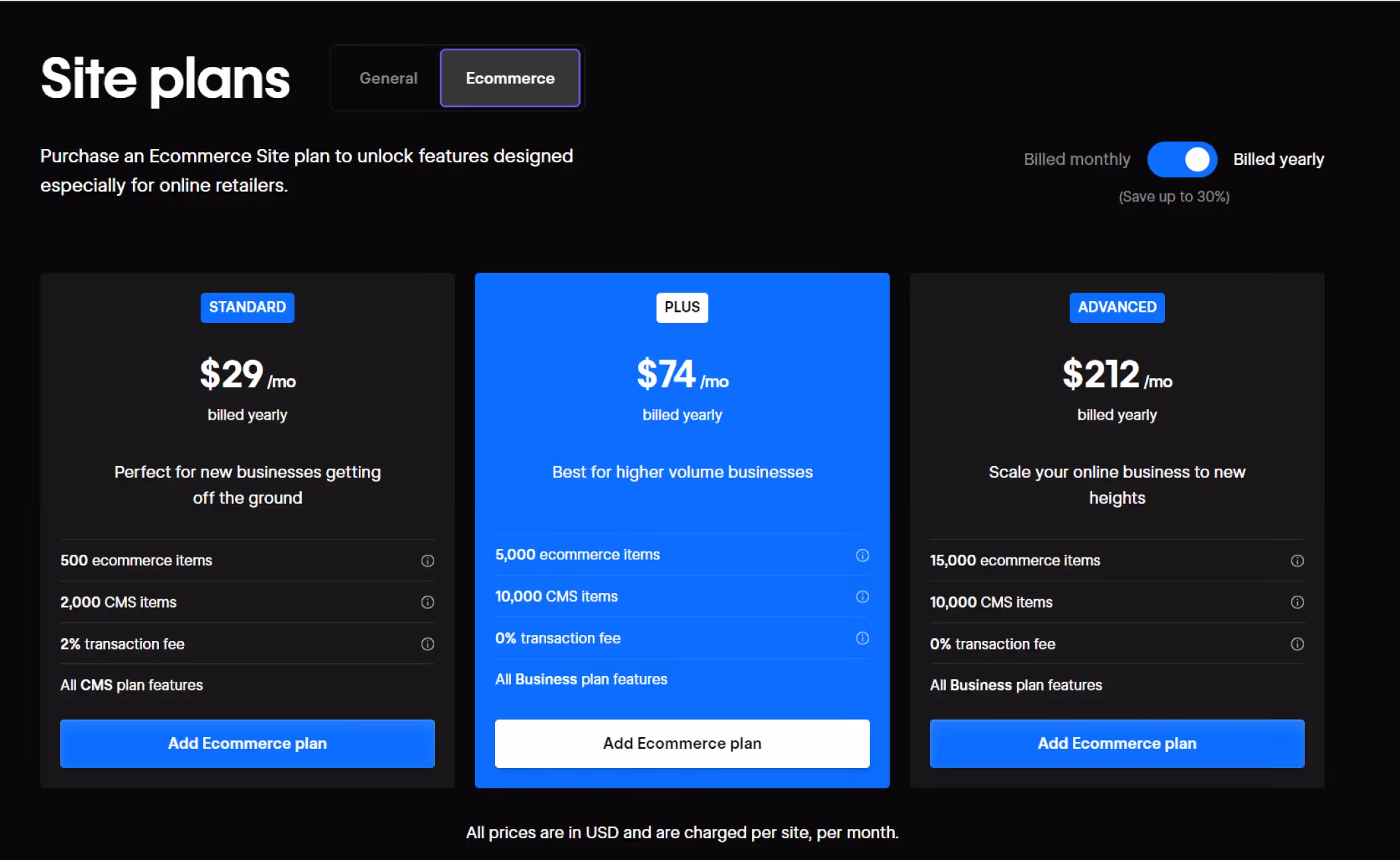 Webflow pricing screenshot for ecommerce