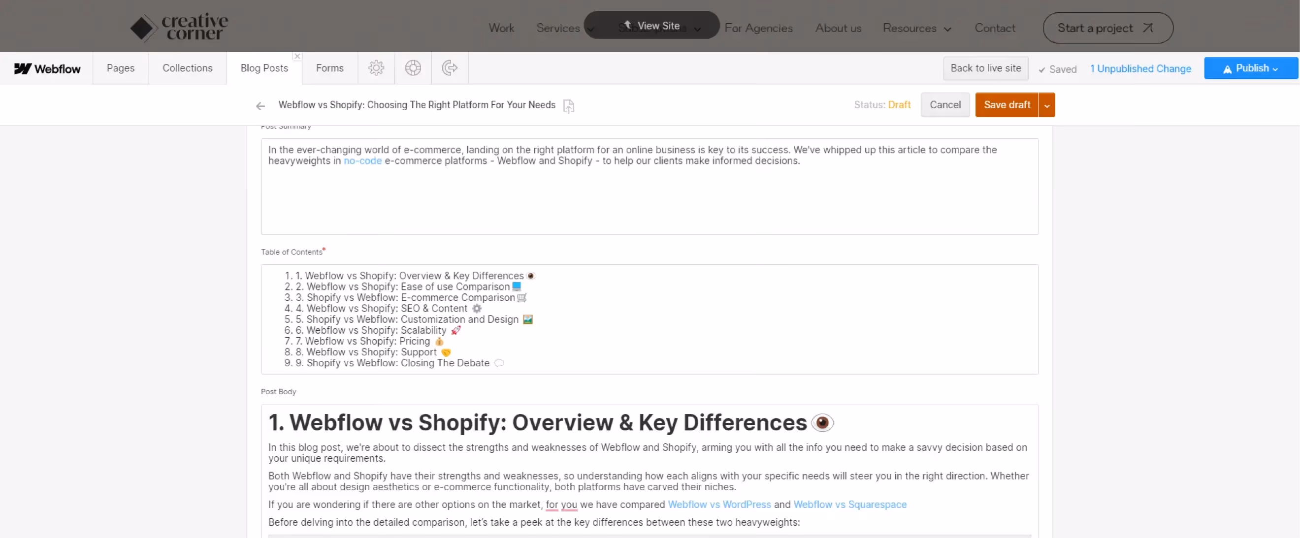 screenshot of webflow's editor for content