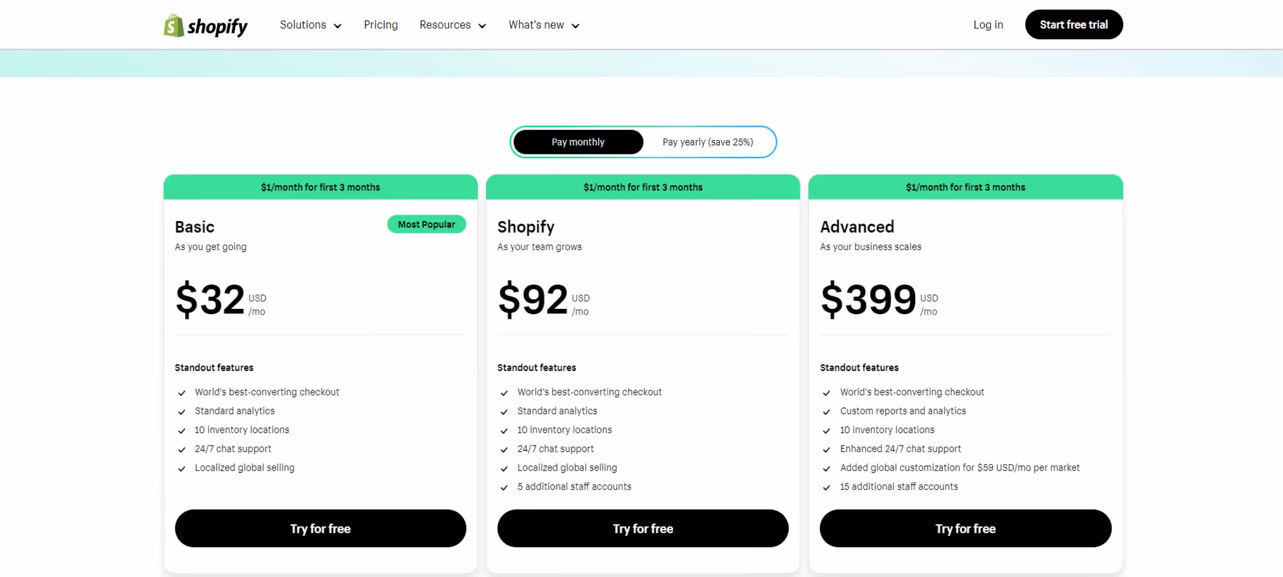 screenshot of Shopify pricing