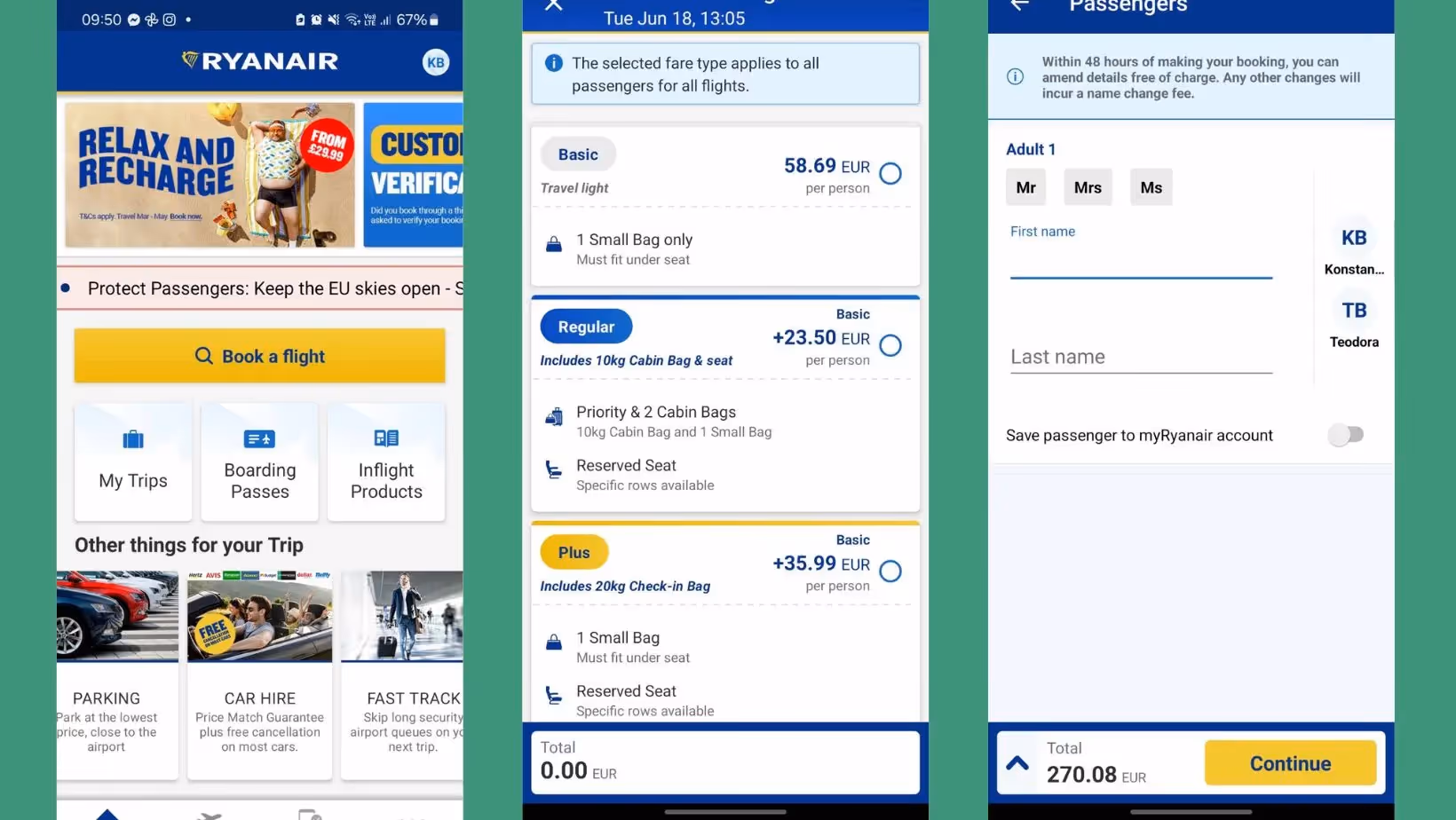 screenshot of RyanAir's website