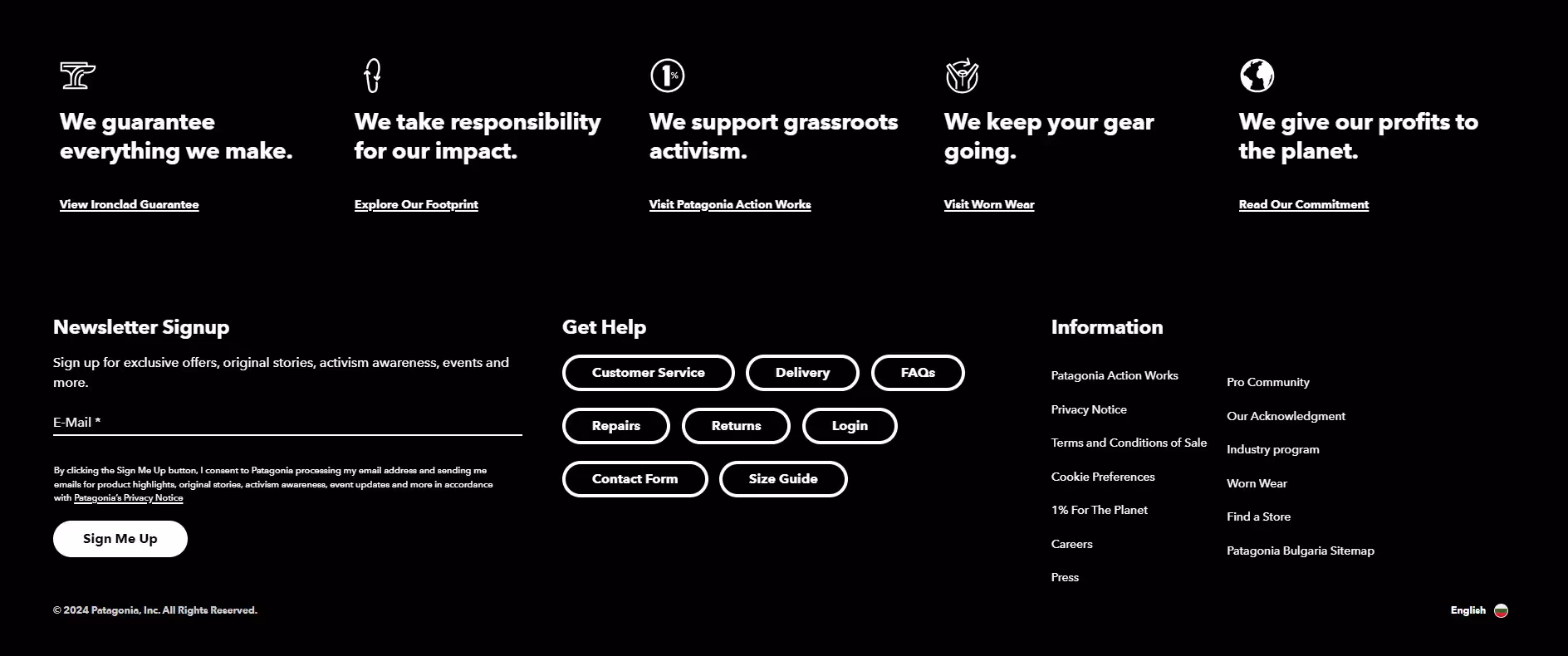Screenshot of websitefooter of Patagonia