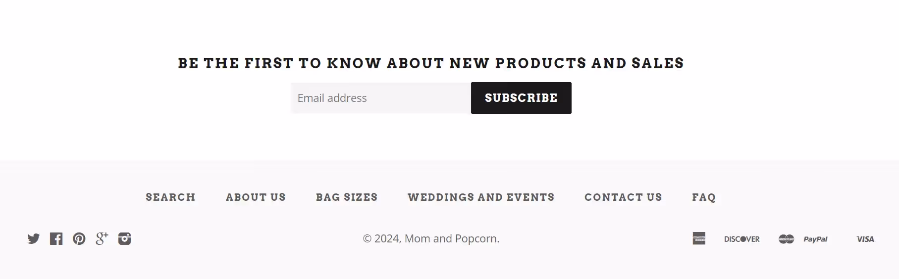 Screenshot of websitefooter of mom and popcorn