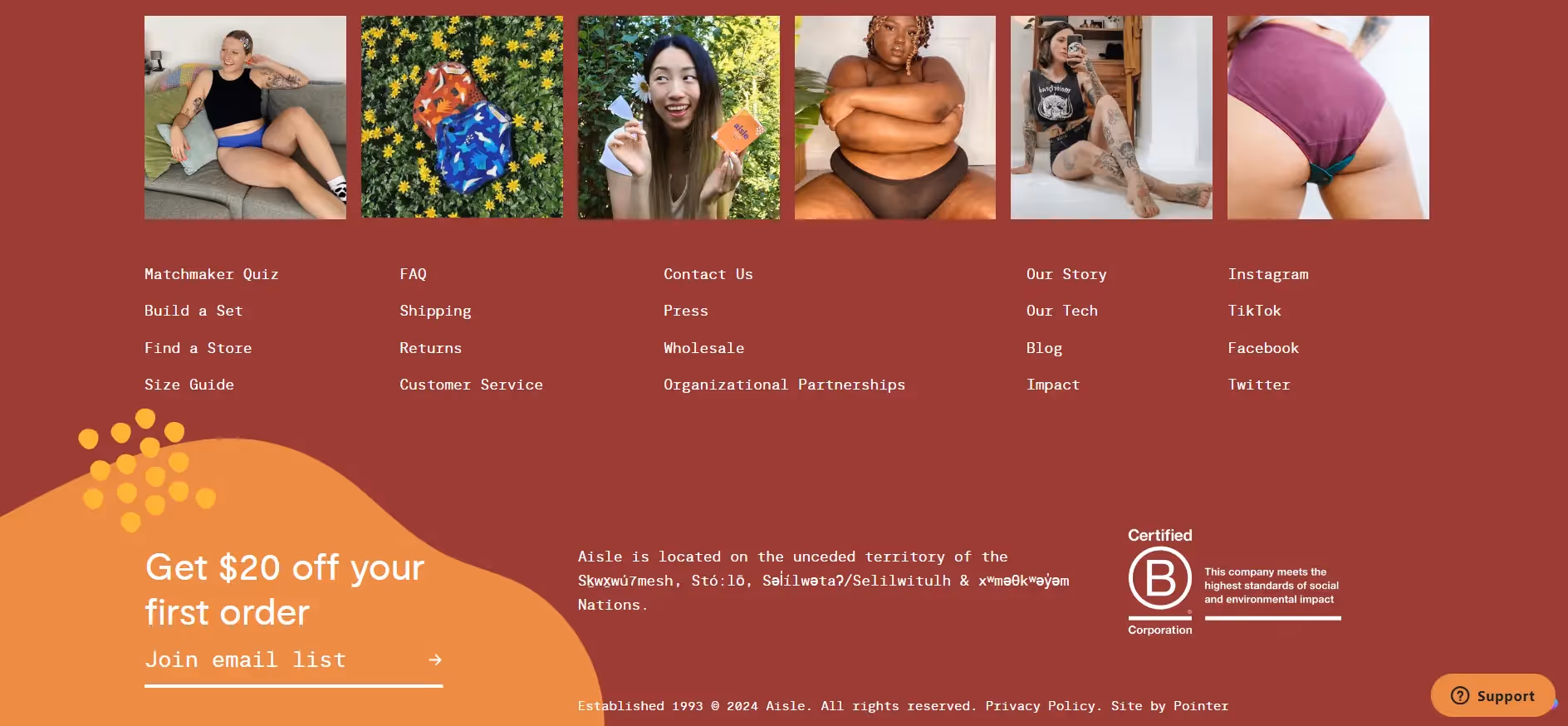 Screenshot of website footer Period Aisle