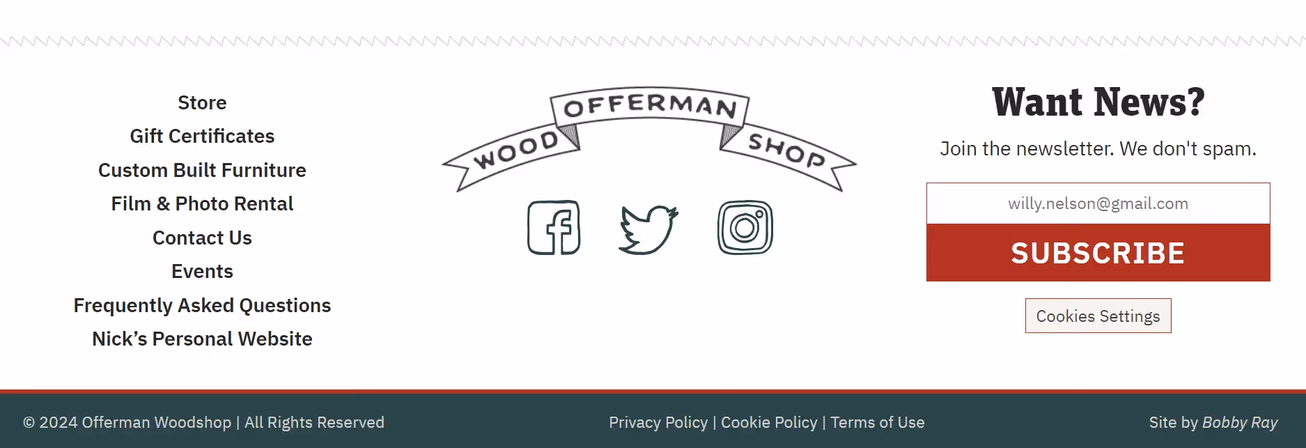 Screenshot of website footer of Wood Offerman Shop