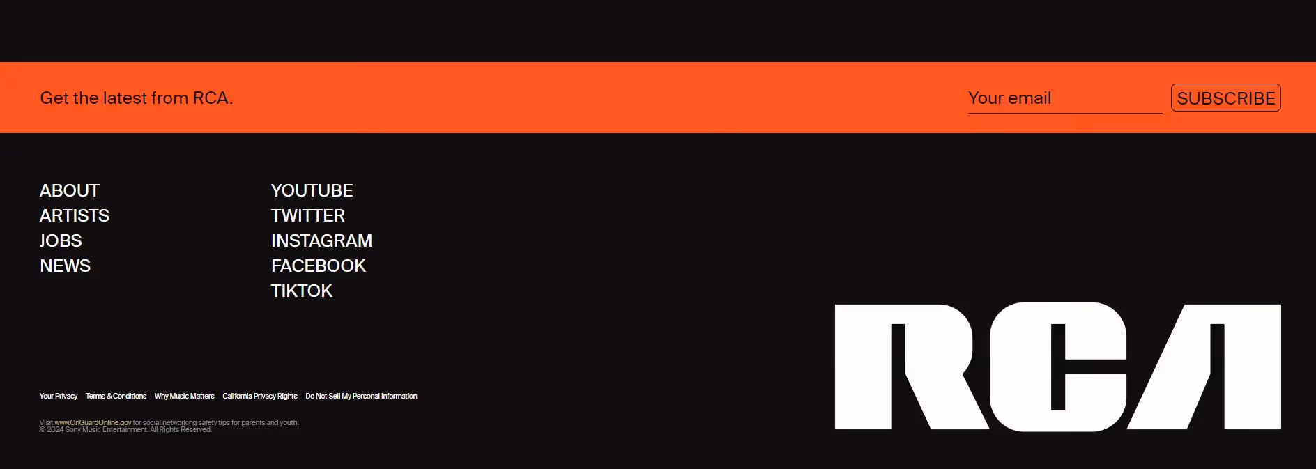 Screenshot of website footer of RCA Records
