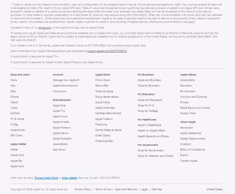 Screenshot of website footer of Apple