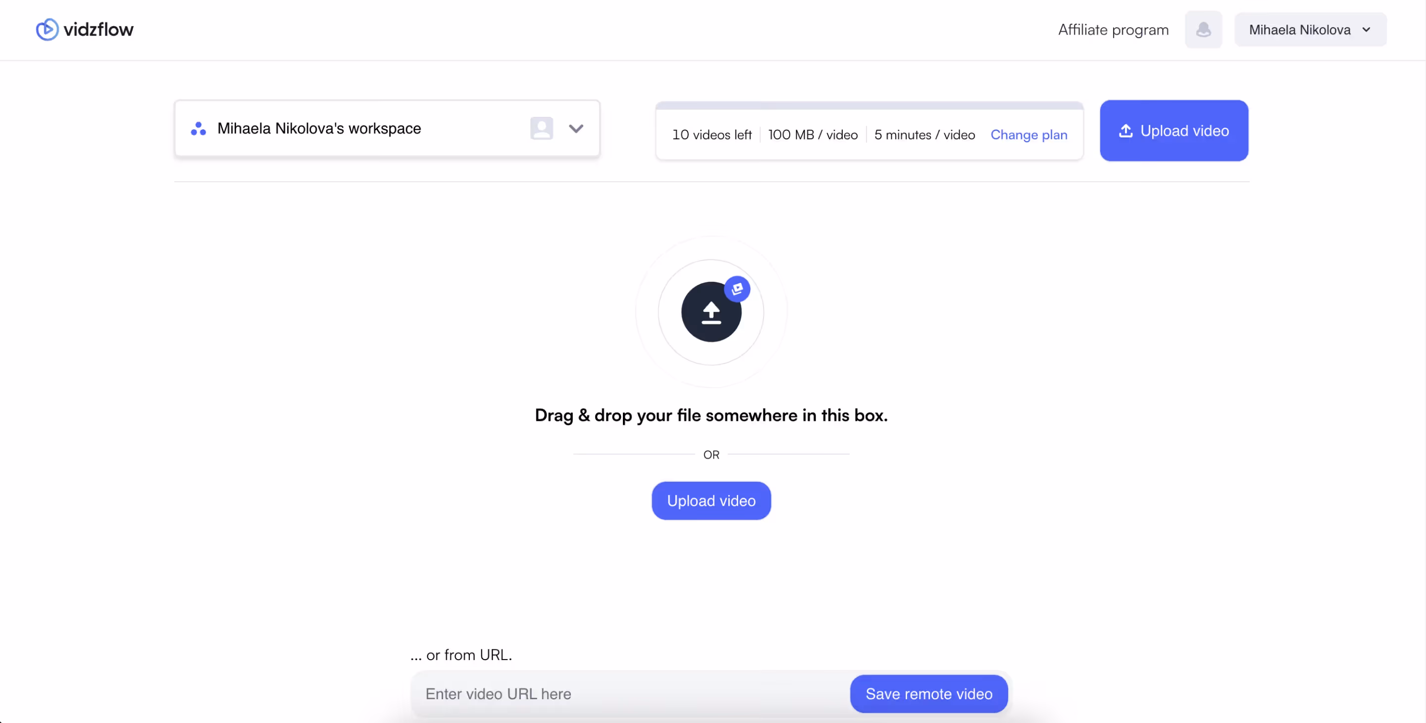 screenshot of upload video to vidzflow