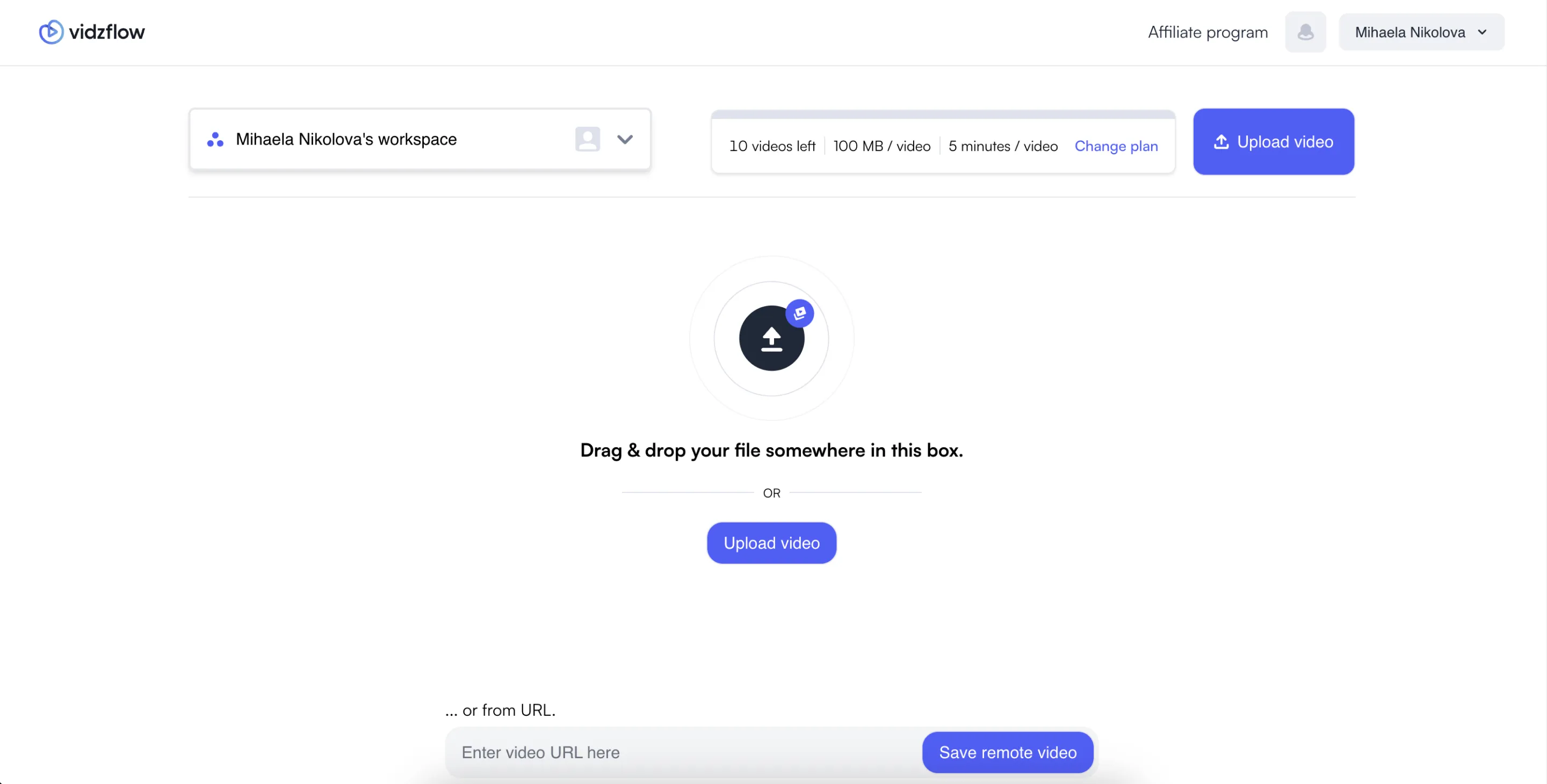 screenshot of upload video to vidzflow