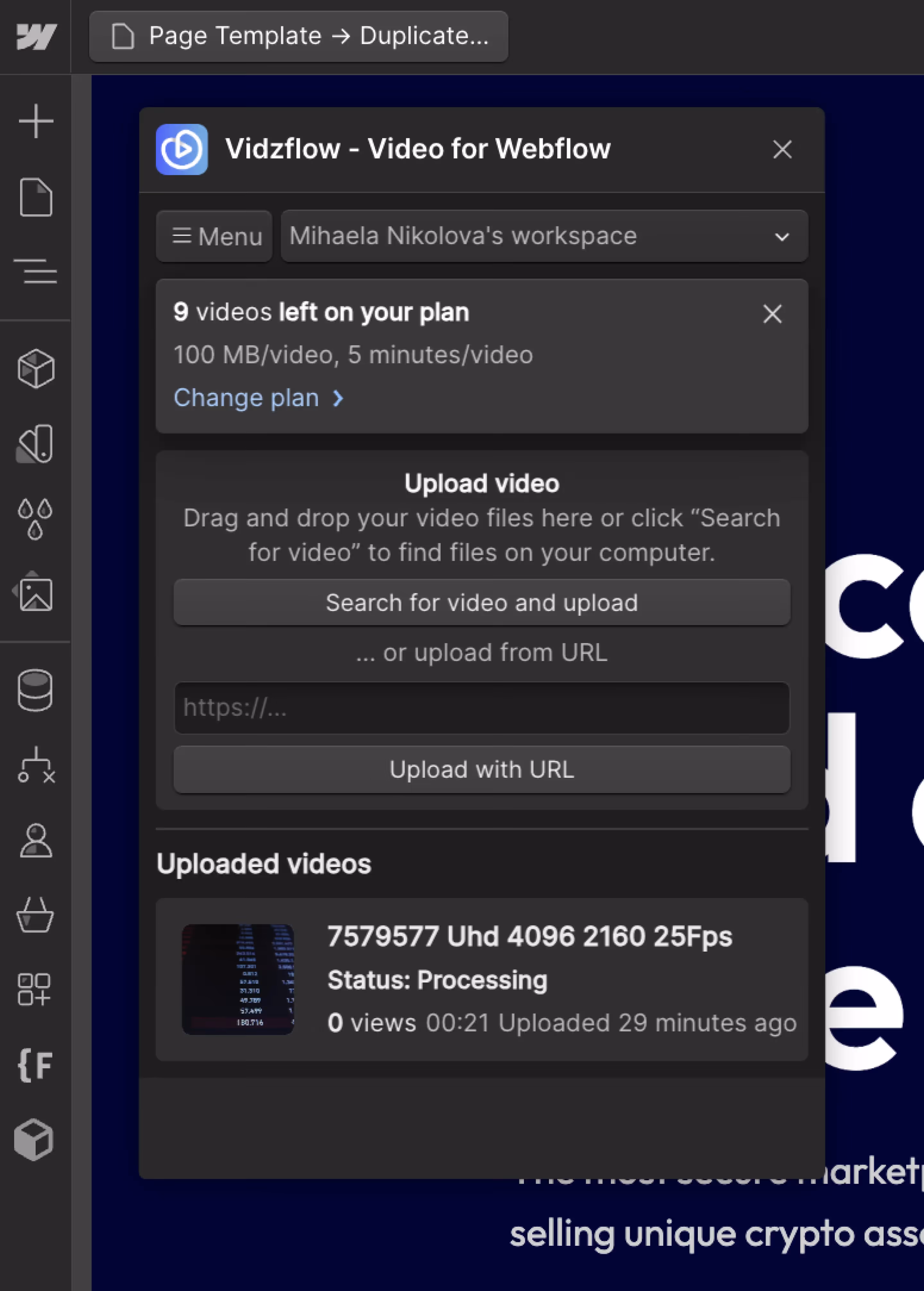 screenshot upload video on vidzflow