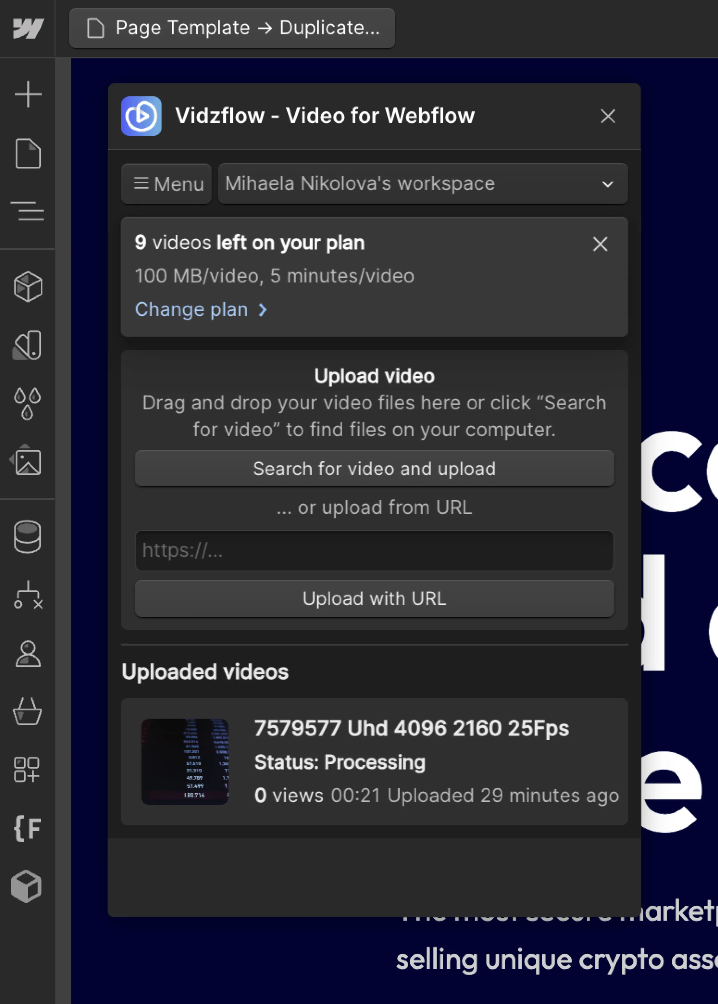 screenshot upload video on vidzflow