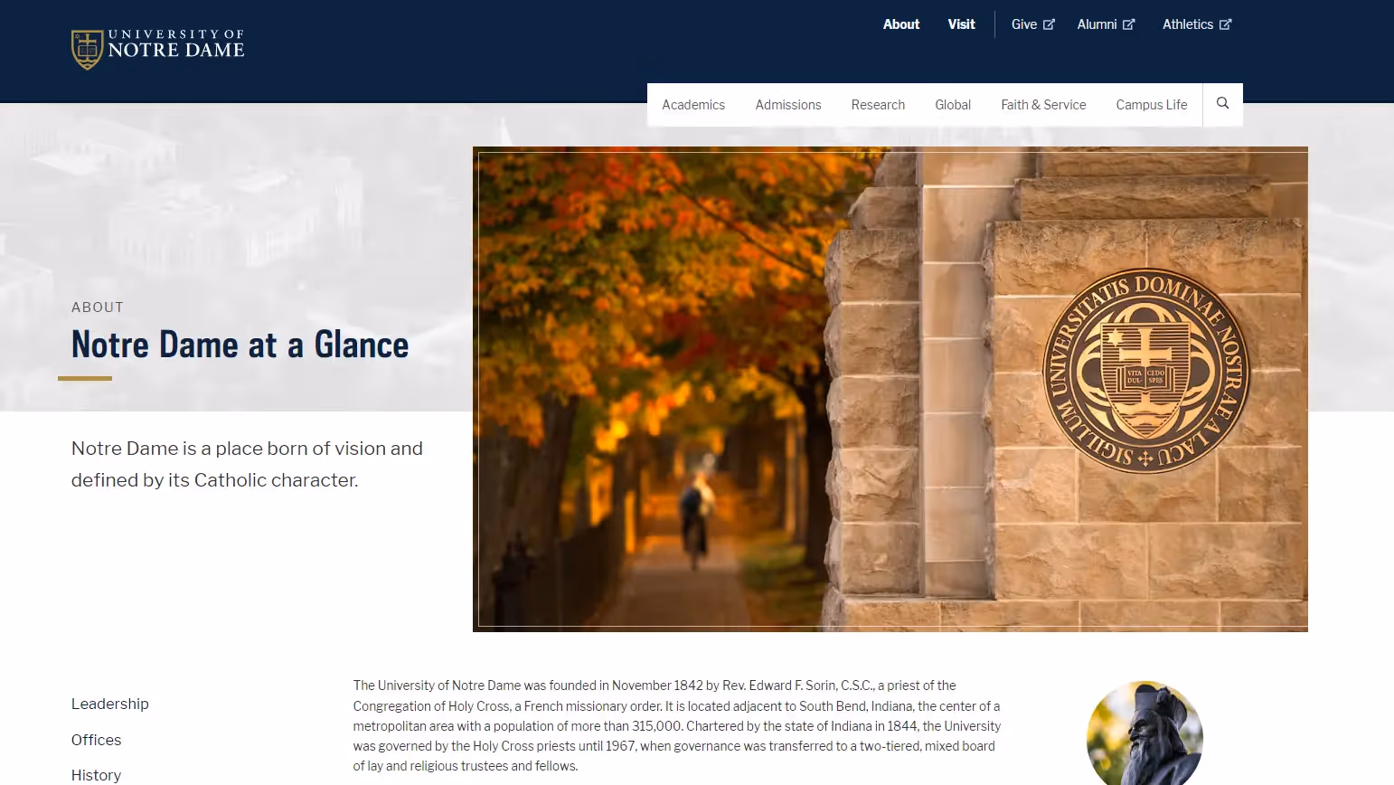 screenshot of notre dame university about us page example