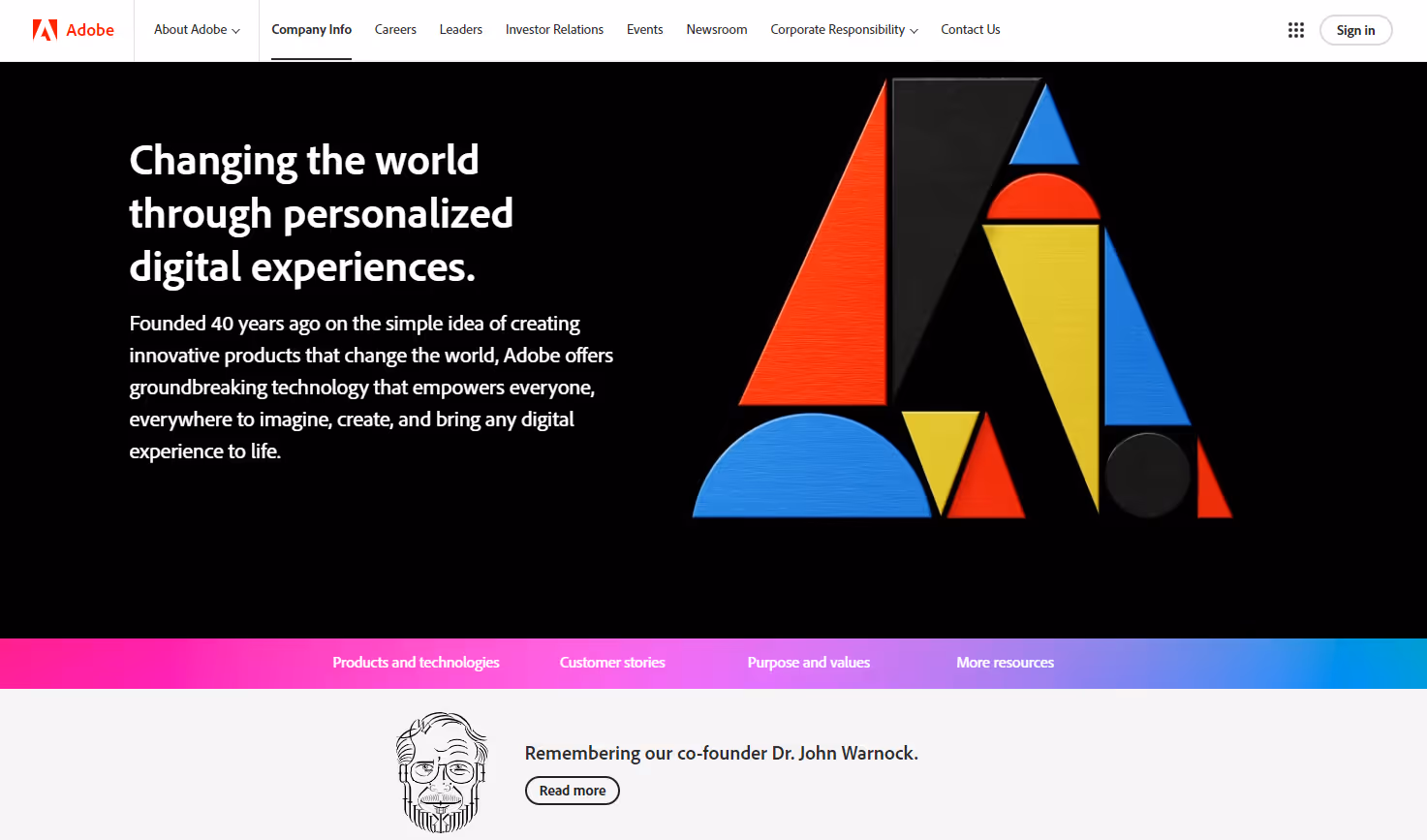 screenshot of adobes about us page examples