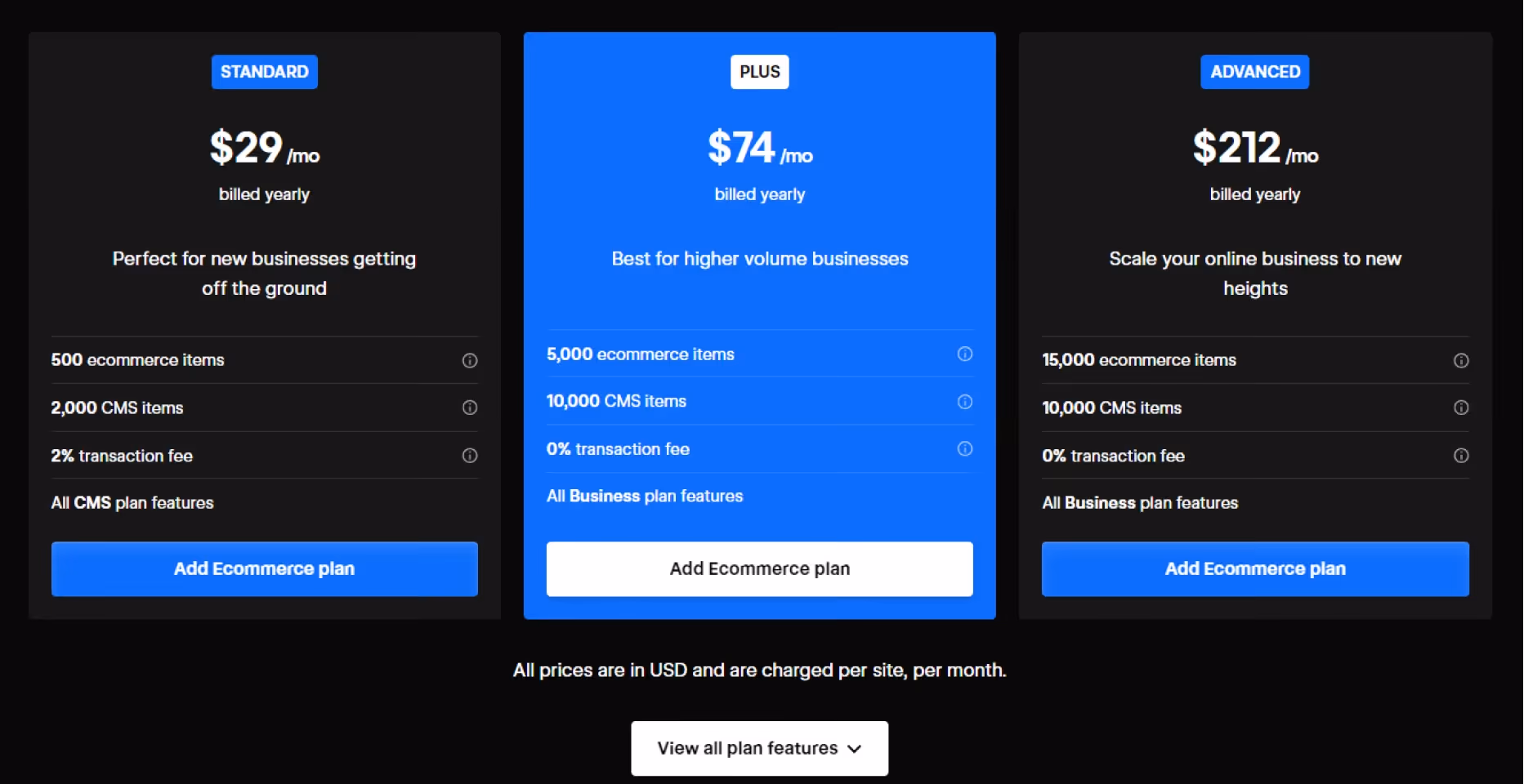 Pricing compariosn - Webflow vs Squarespace
