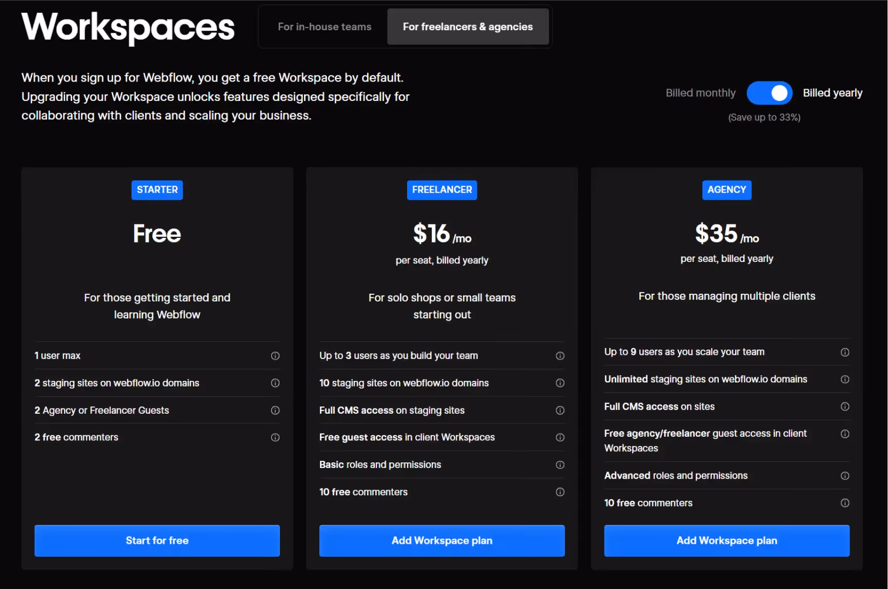 Webflow workspaces plans for freelancers