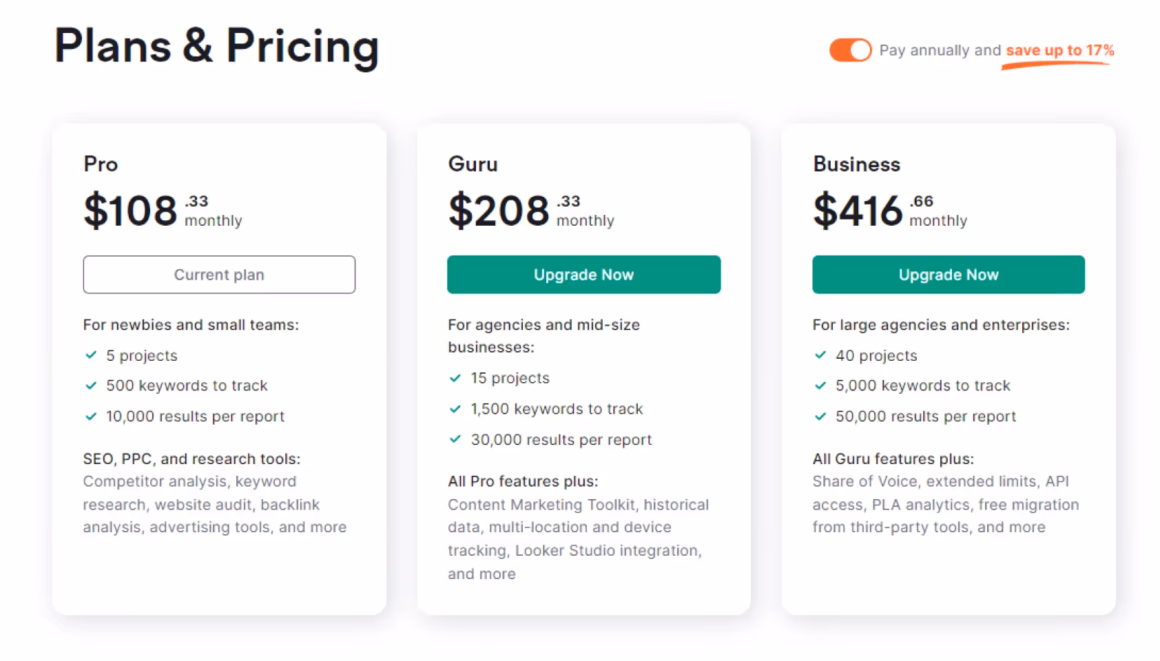 screenshot from semrush pricing page 