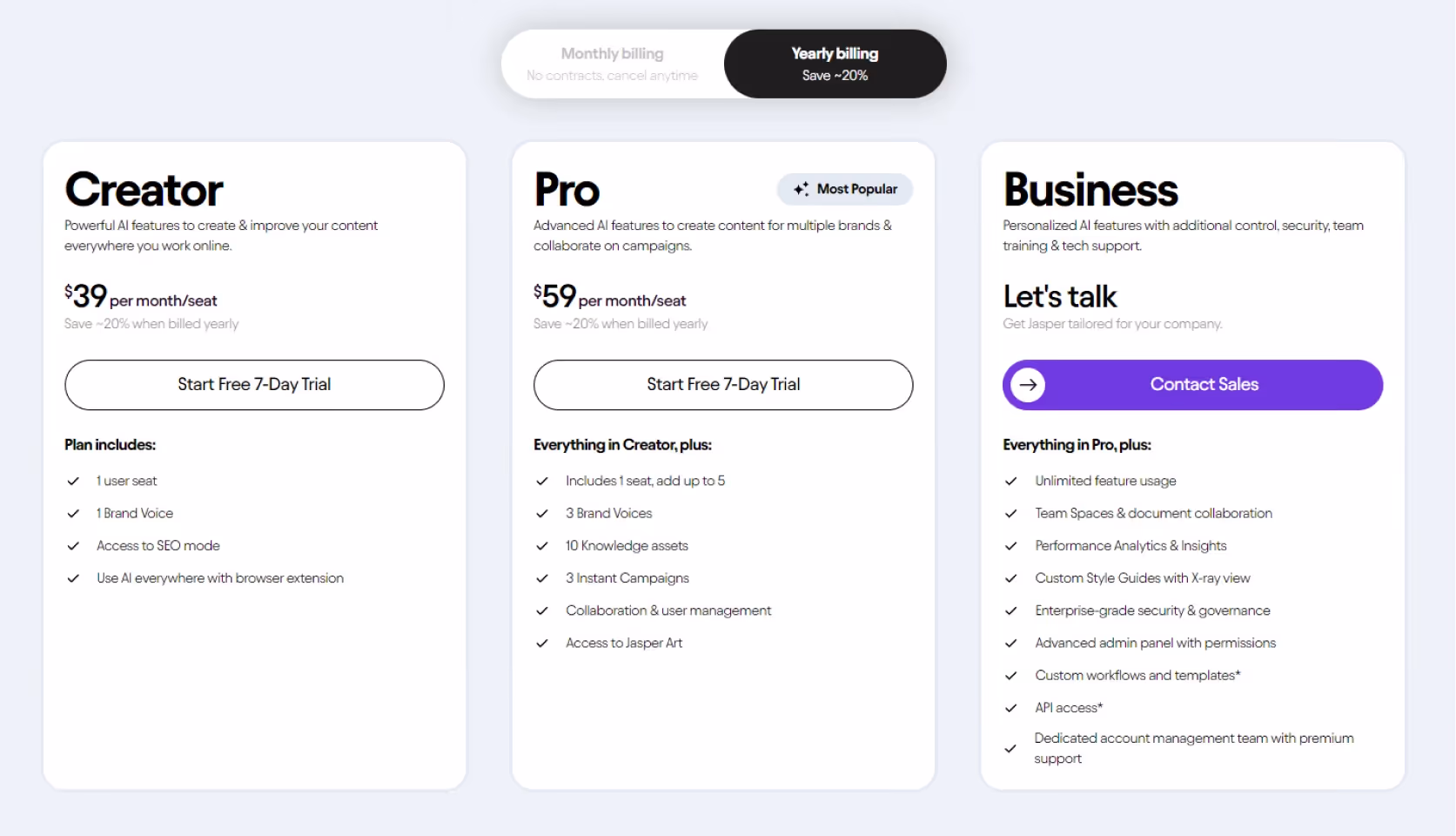screenshot of jasper's pricing page 