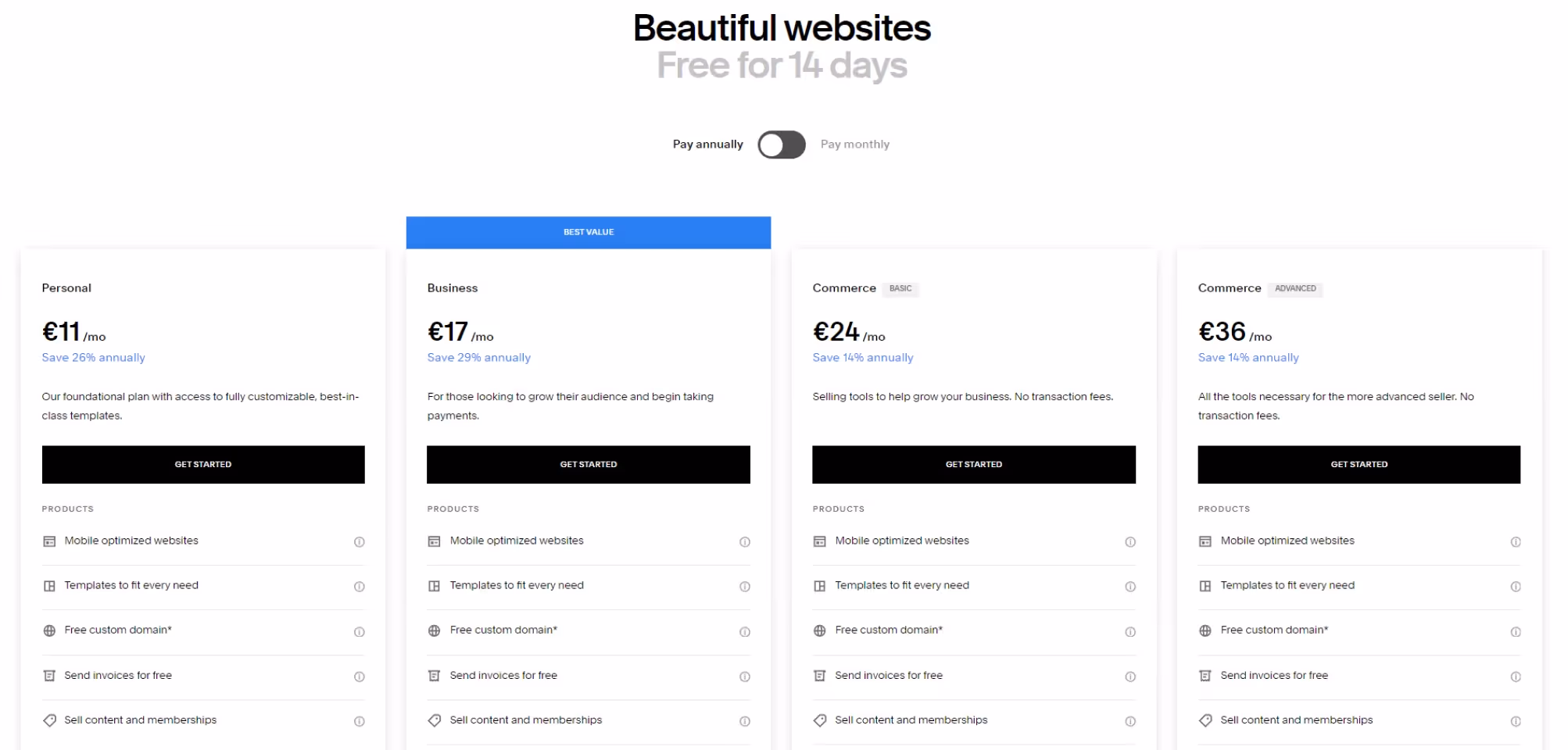 Screenshot of Squarespace pricing page