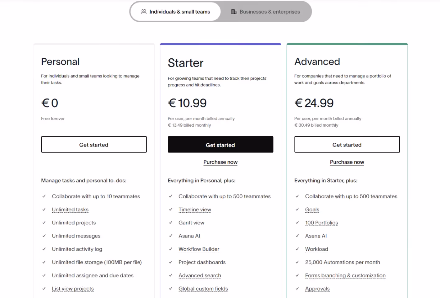 Screenshot of Asana's pricing page