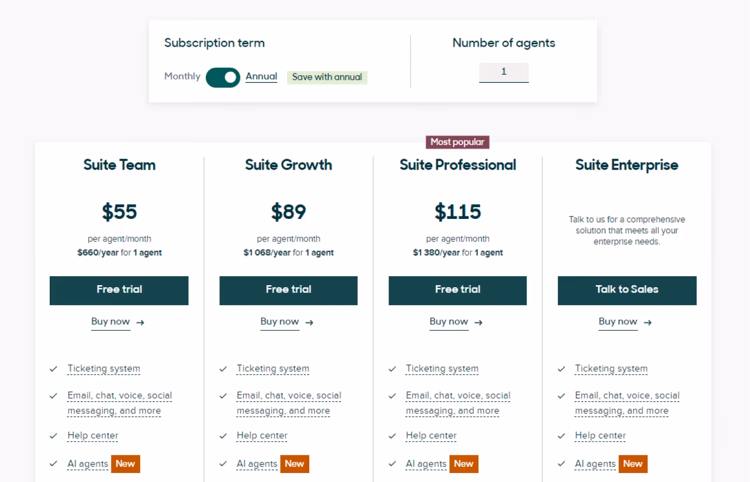 Screenshot of Zendesk Pricing page