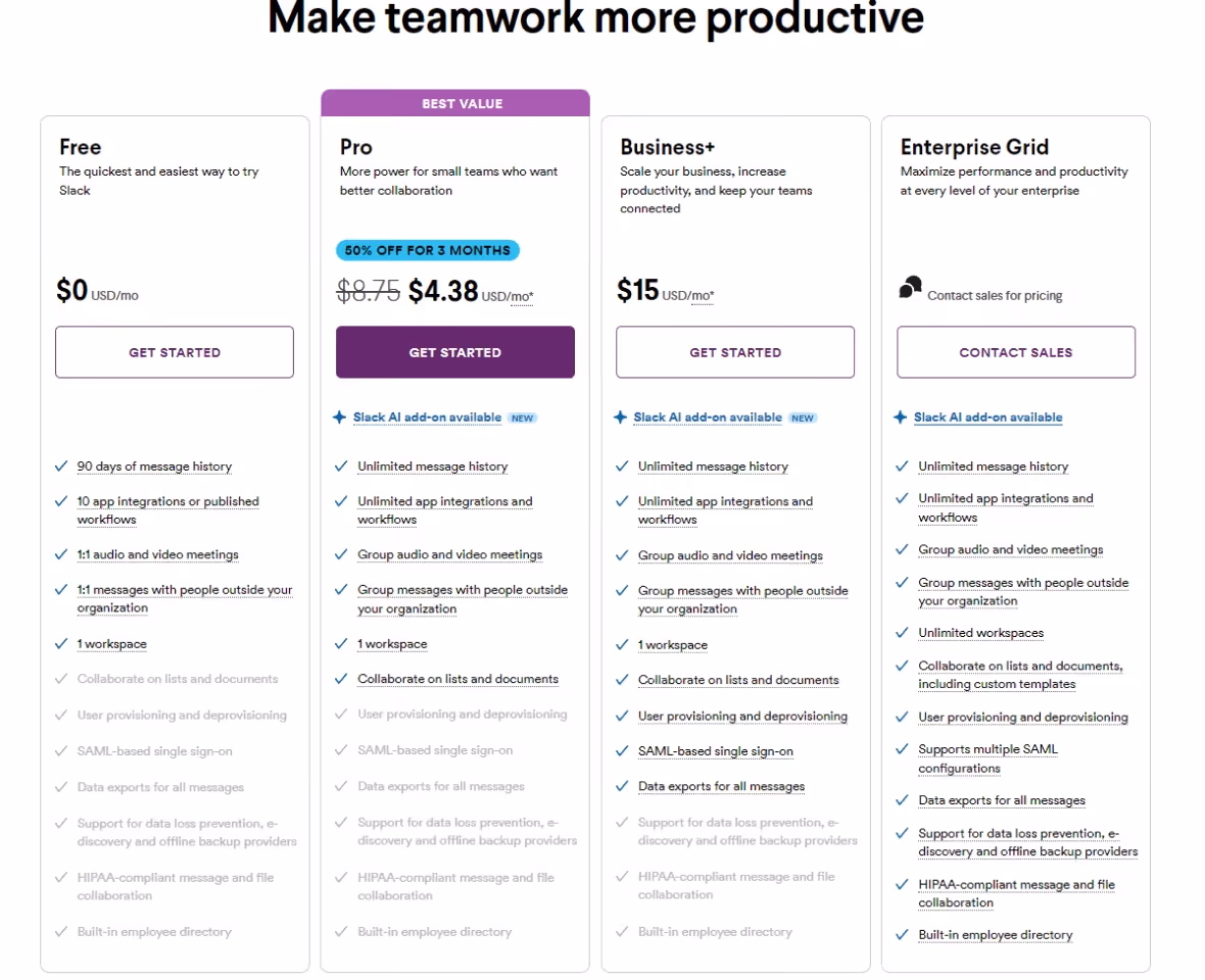 screenshot of slack pricing page