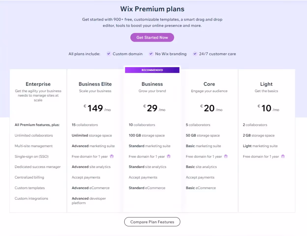 Screenshot of Wix Pricing