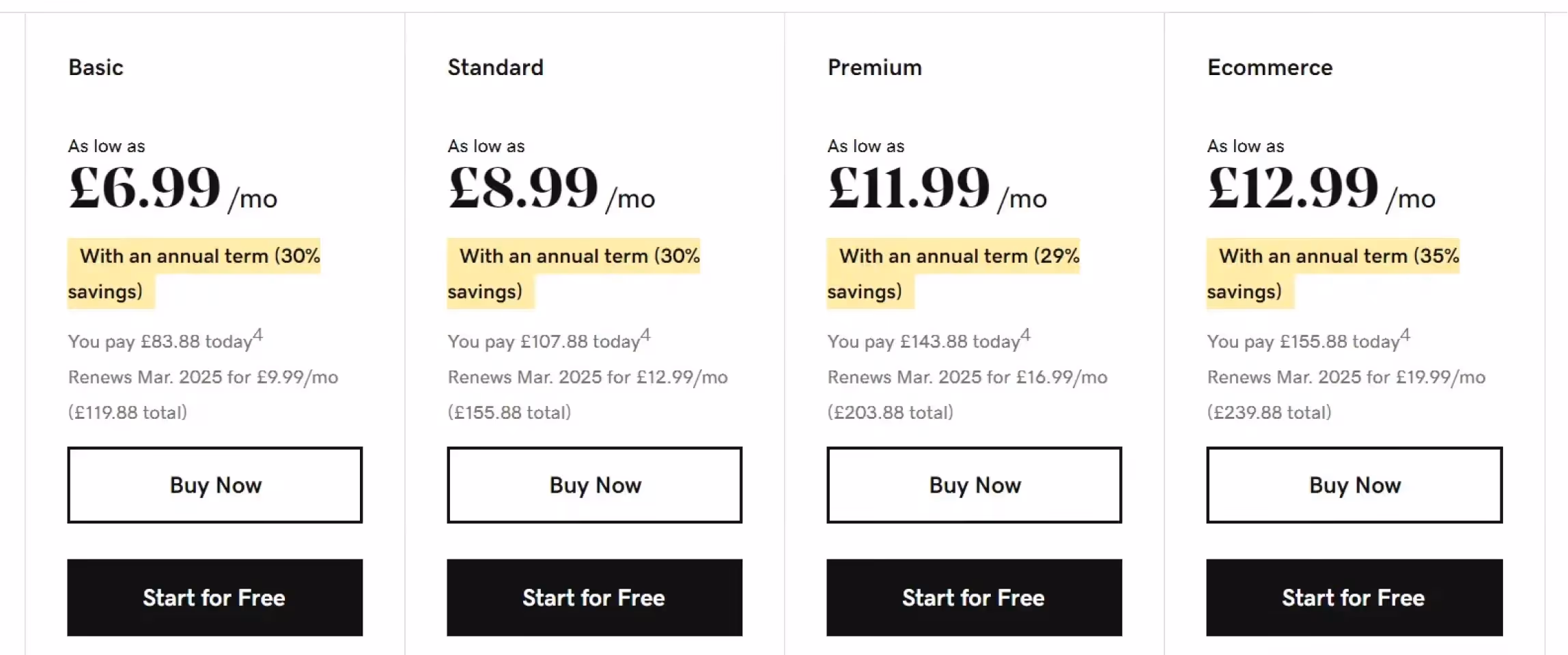 Screenshot of GoDaddy's priicing