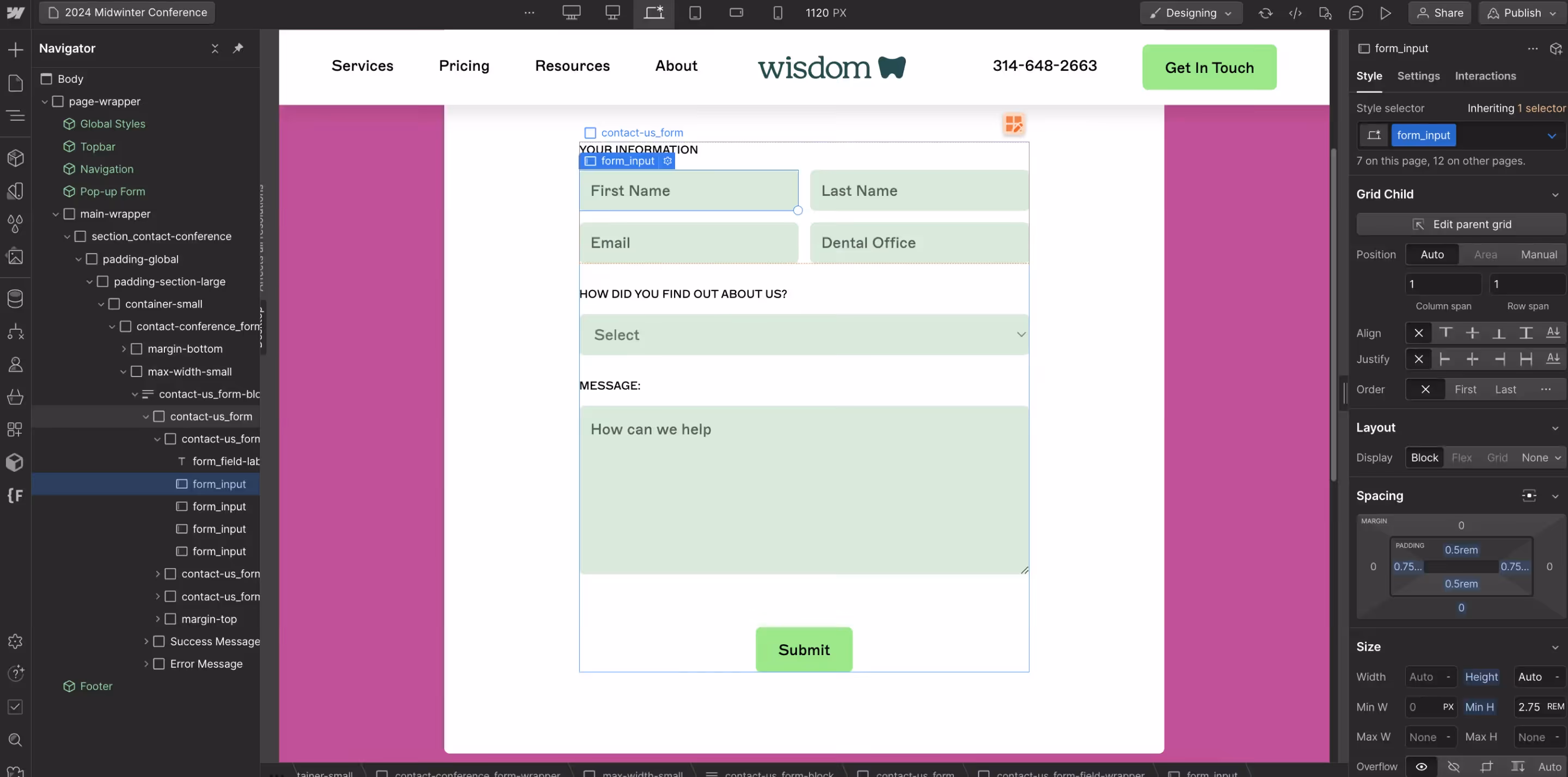 screenshot of form elements in Webflow