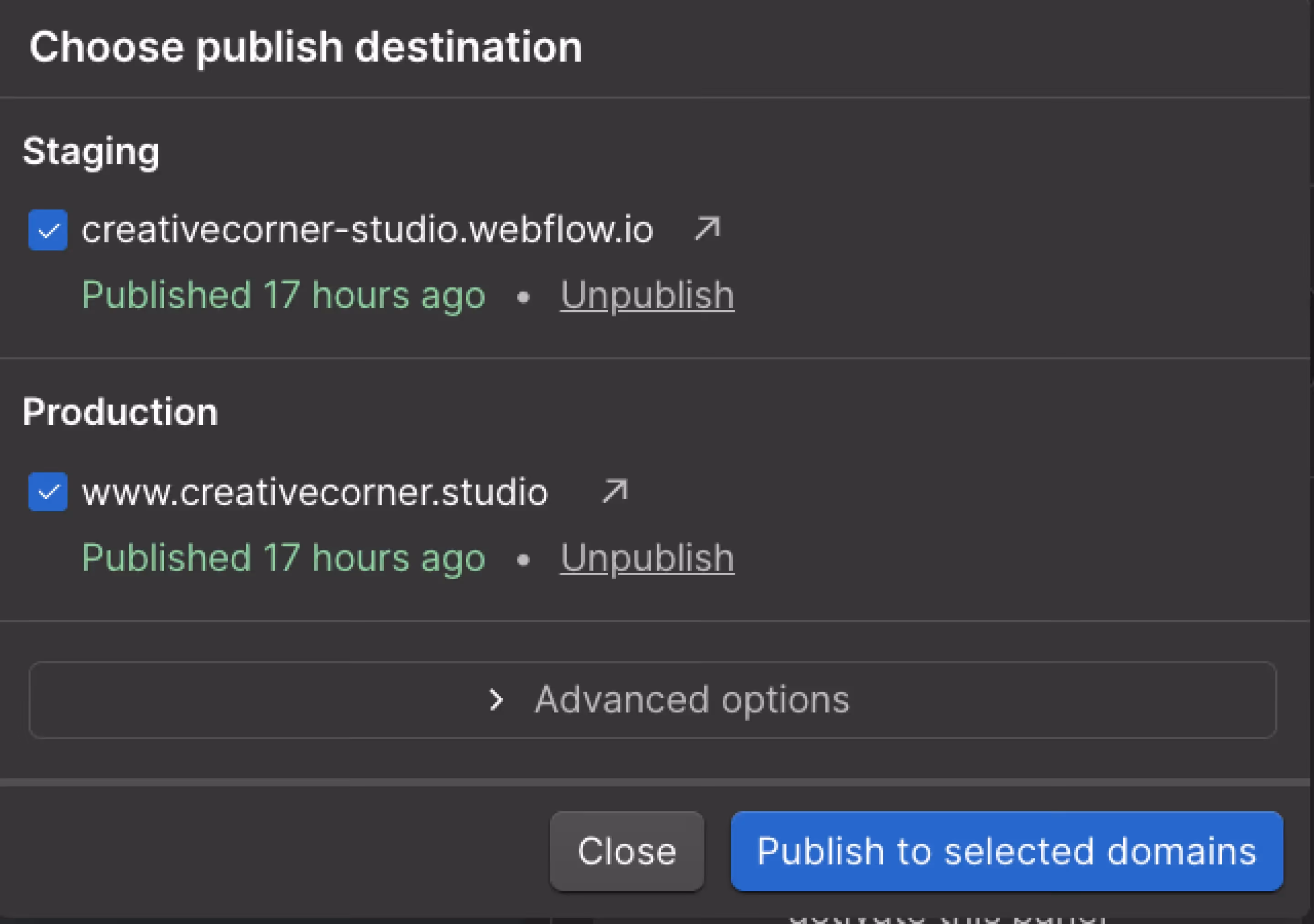 screenshot of launch button in Webflow