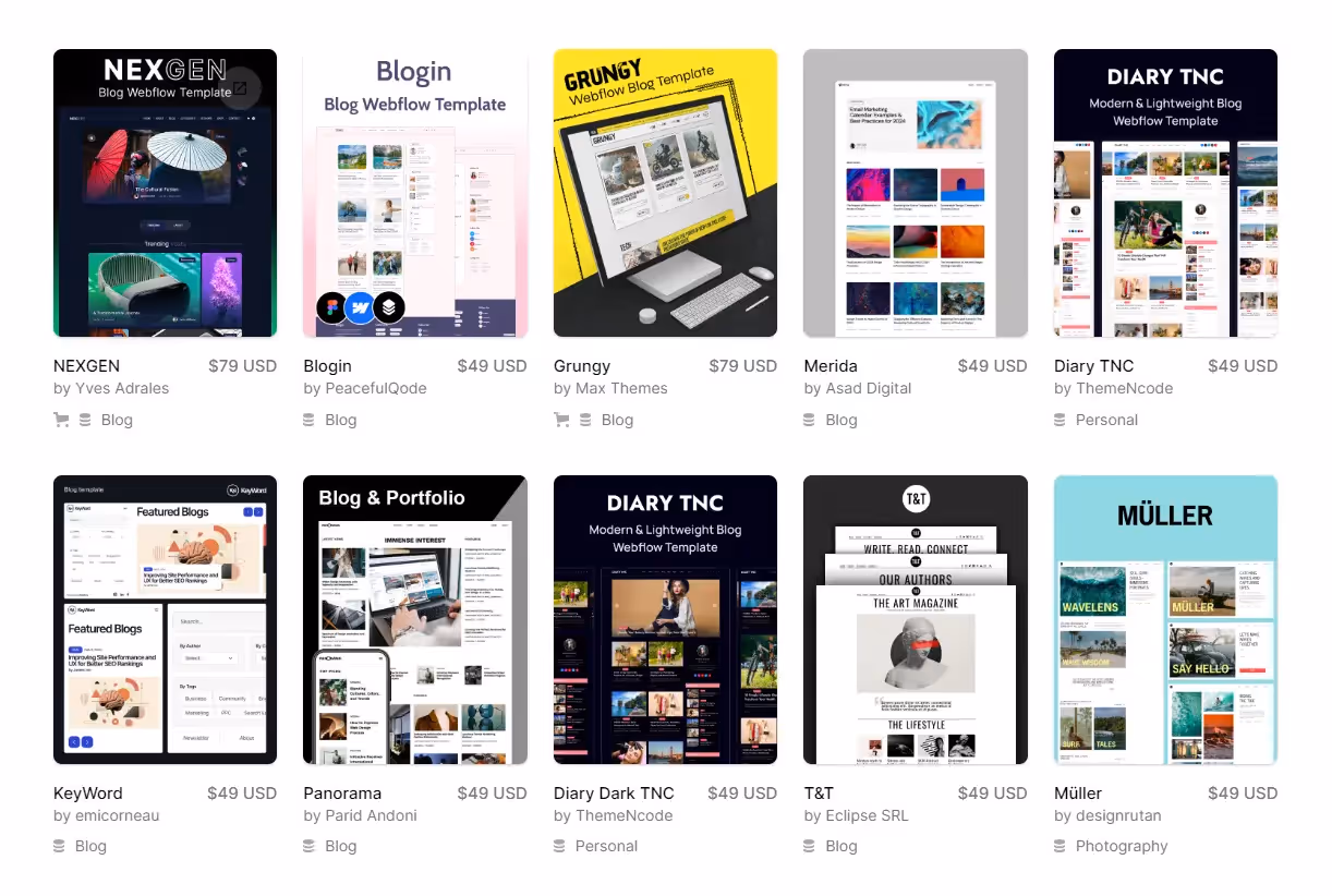 screenshot of webfow templates page