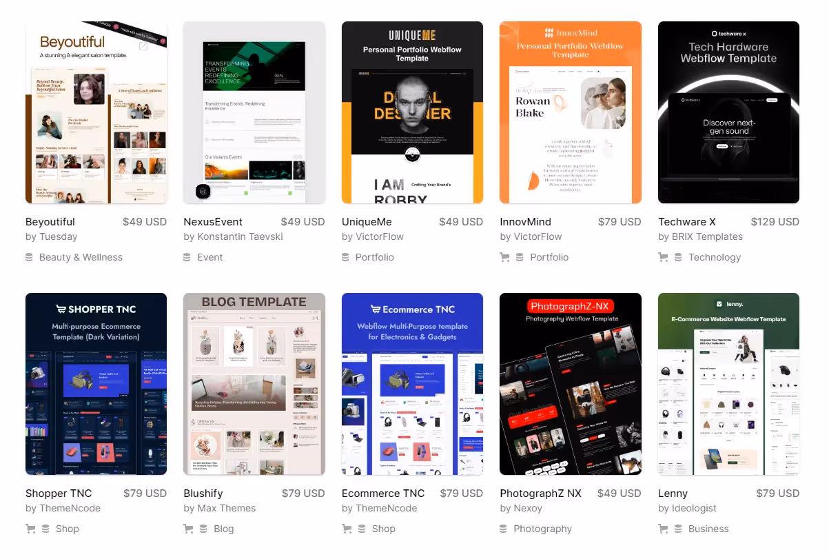 Screenshot of Webflow Templates Marketplace