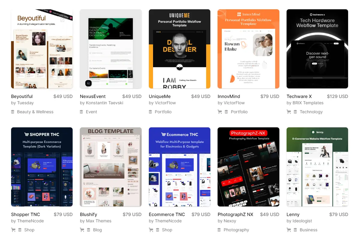 Screenshot of Webflow Templates Marketplace 