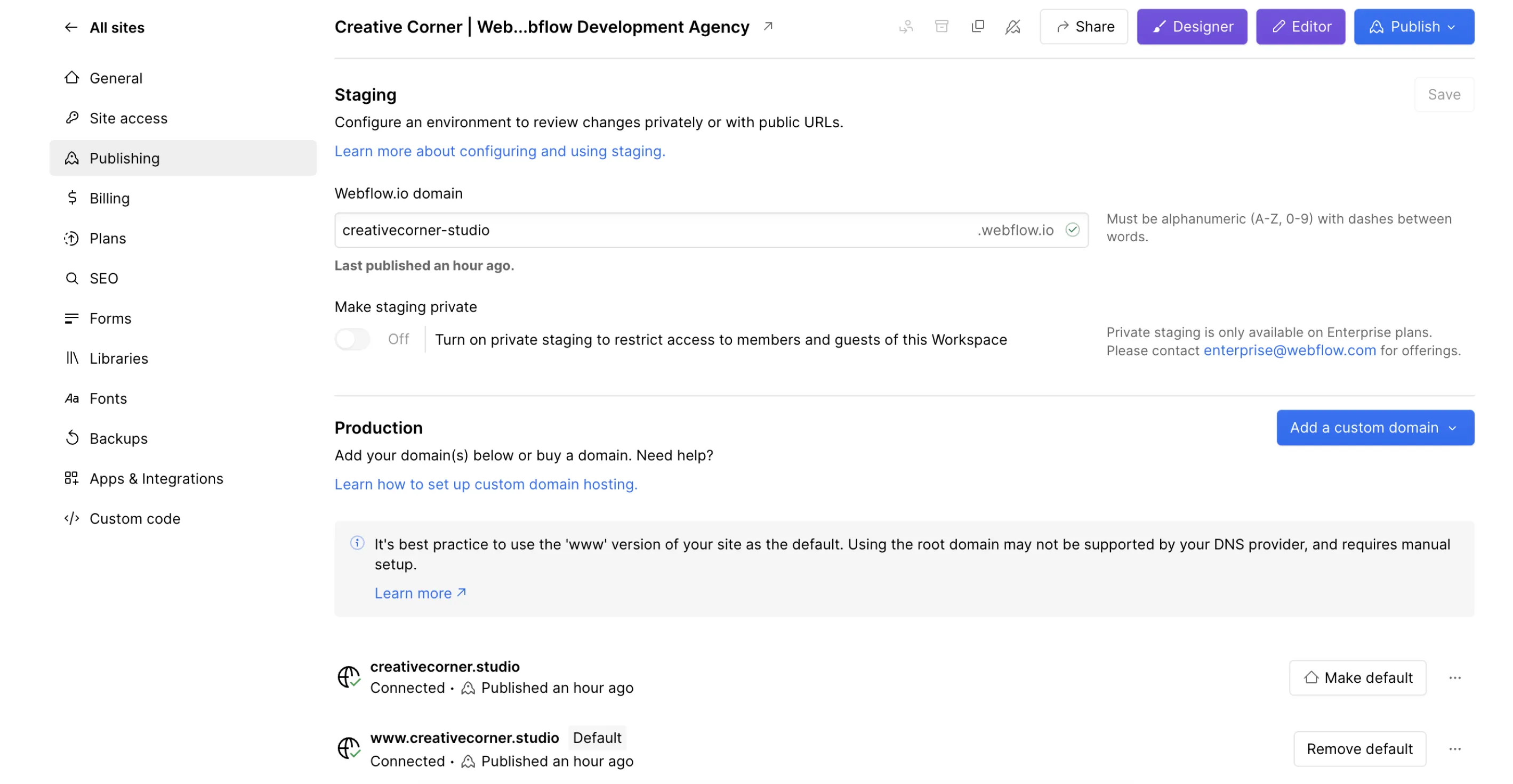 Screenshot of how to publish page in Webflow