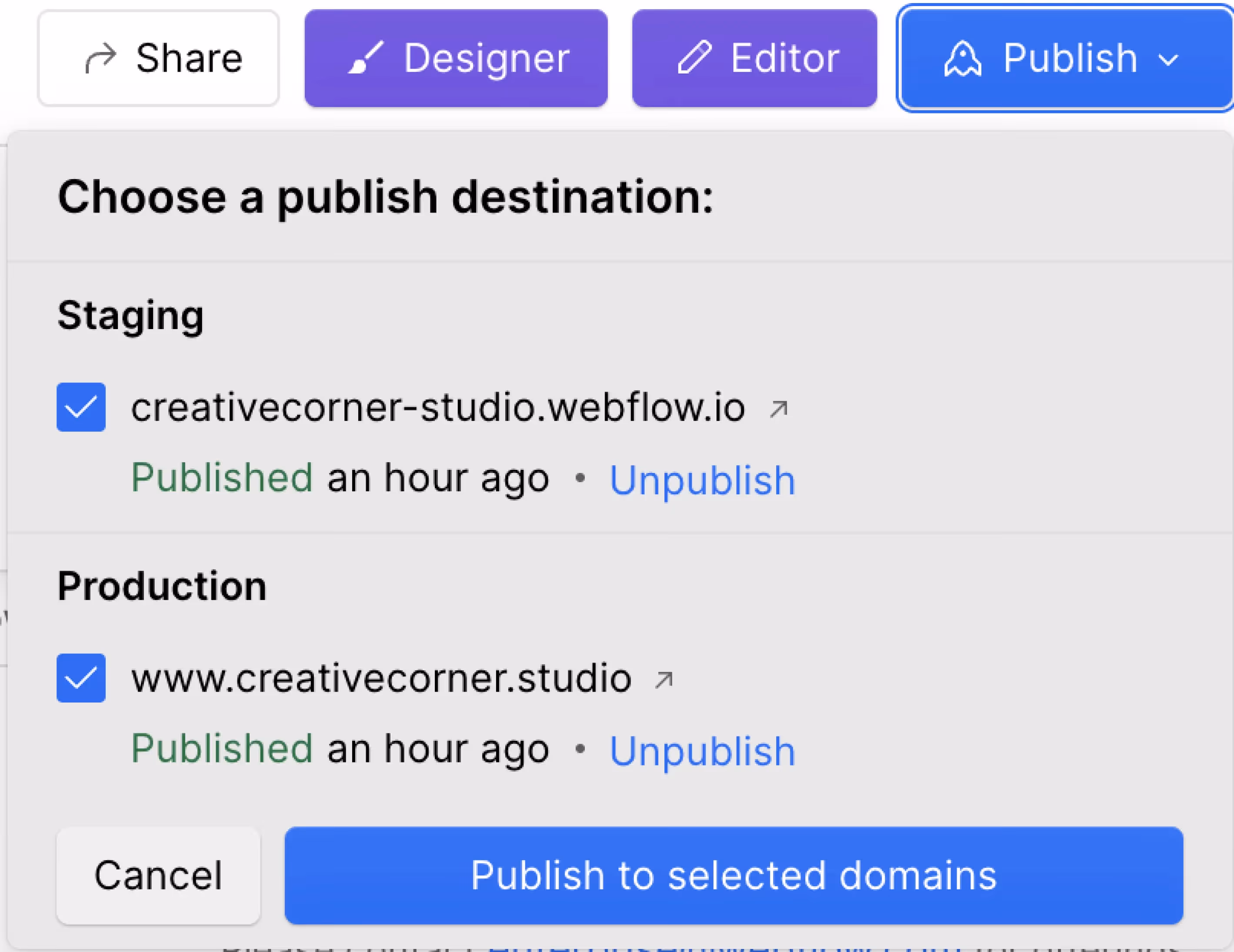 Screenshot of Webflow's Publish button