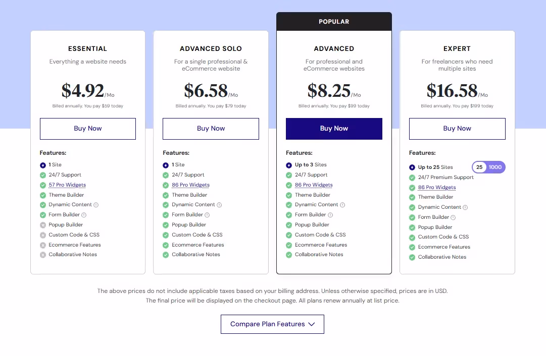 Elementor Pricing Plans