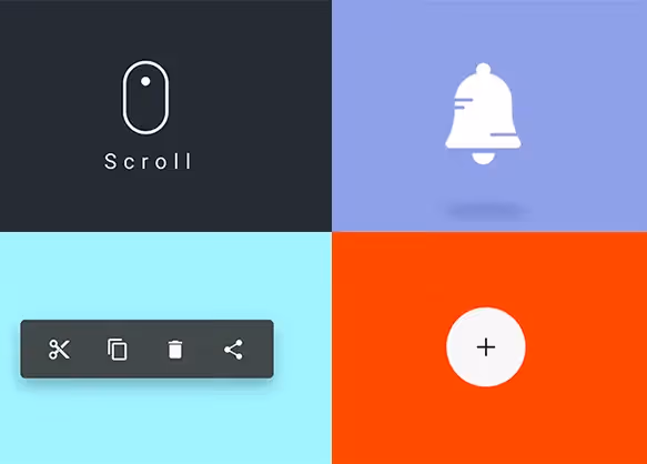 Gif of 4 micro interactions - scroll,plus sign,bell, options menu