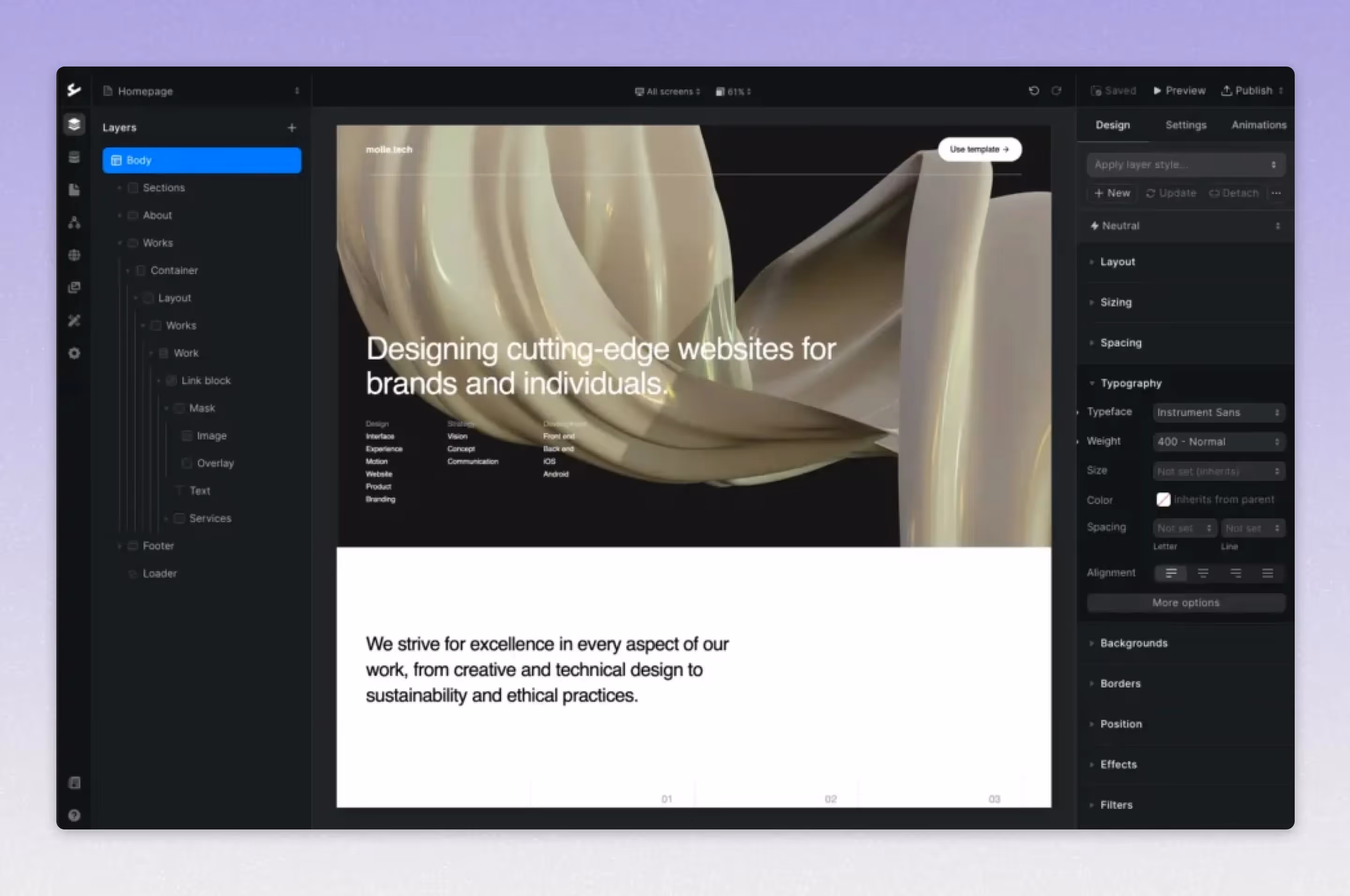 Screenshot of ycode's design interface