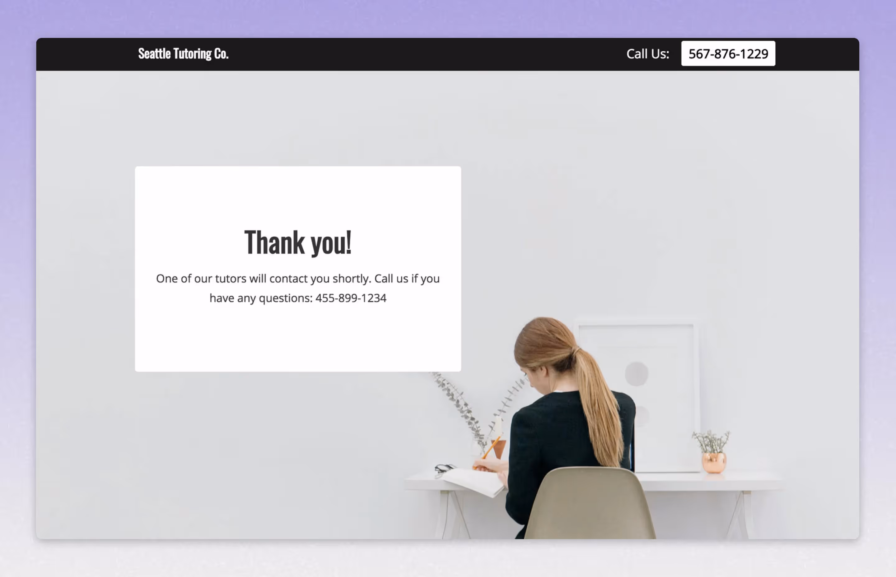 screenshot of seattle tutoring thank you page example