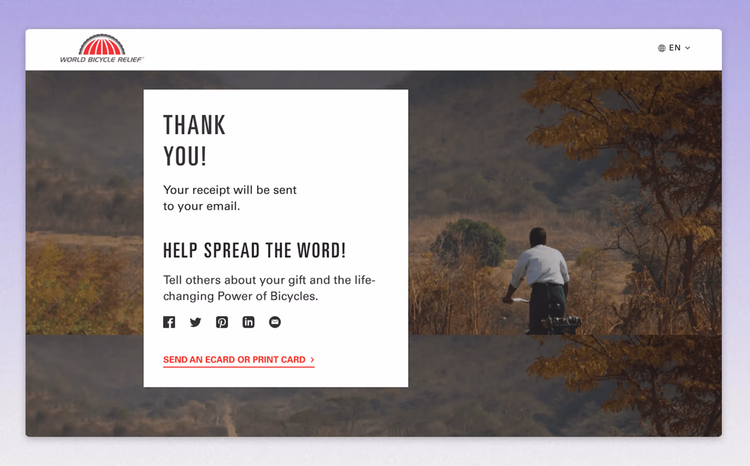 screenshot of world bicyclle relief's thank you page example