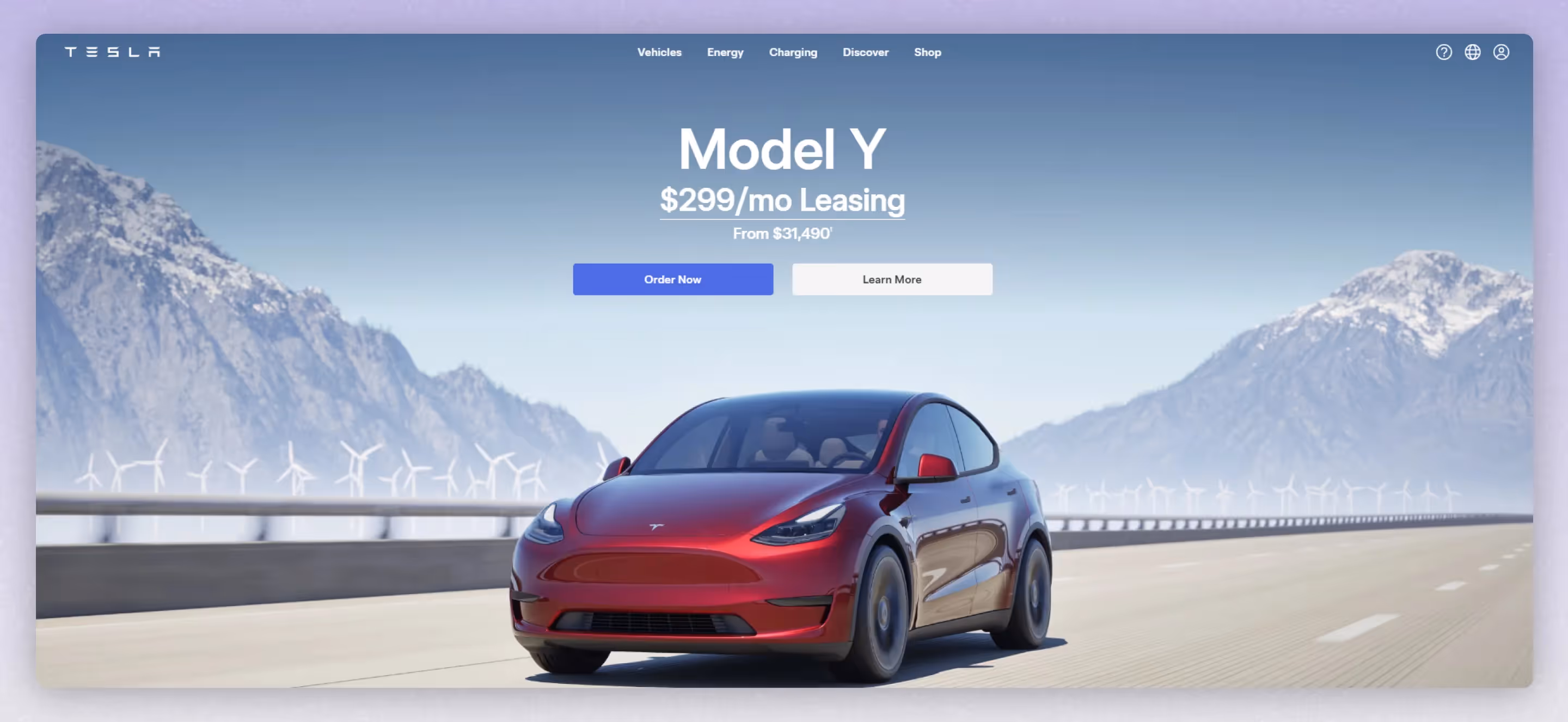 screenshot of tesla website header