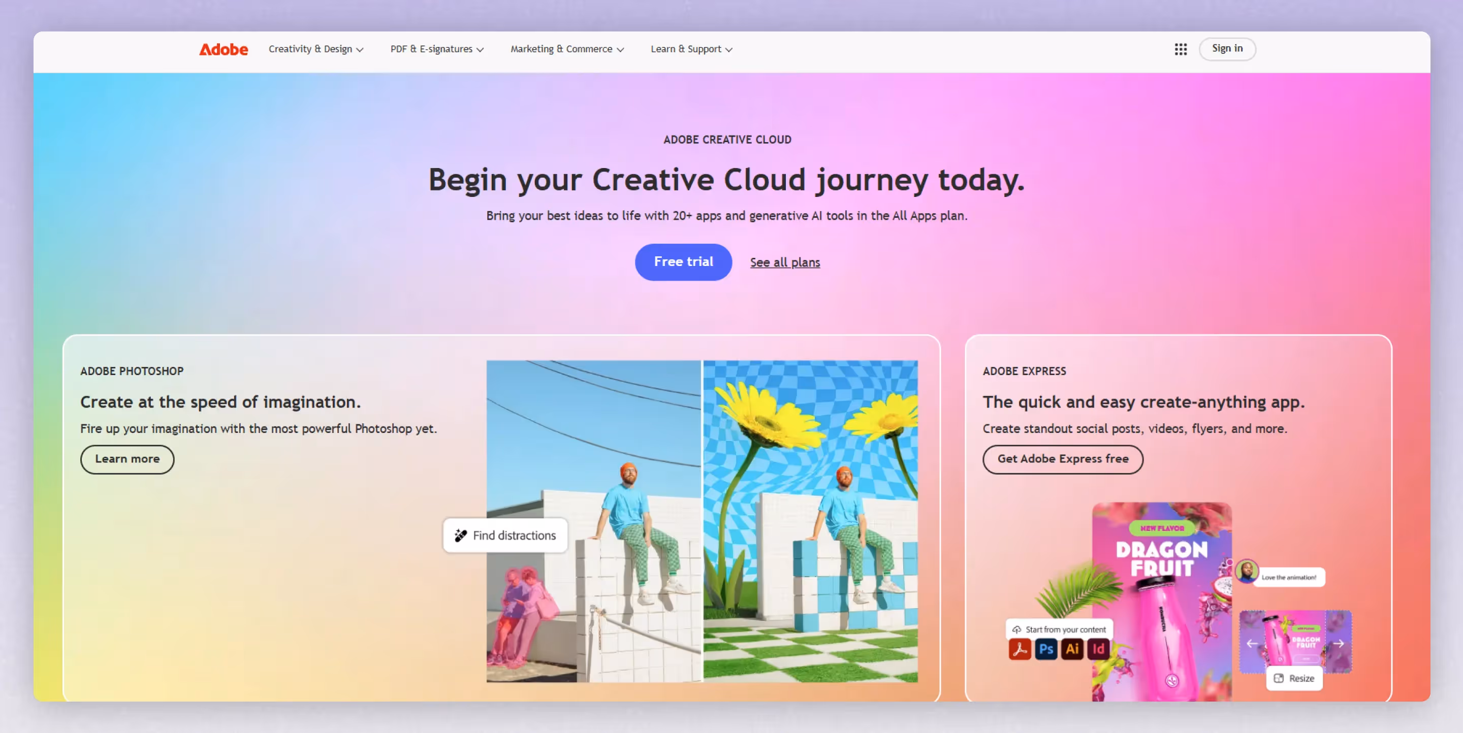 Screenshot of adobe website header