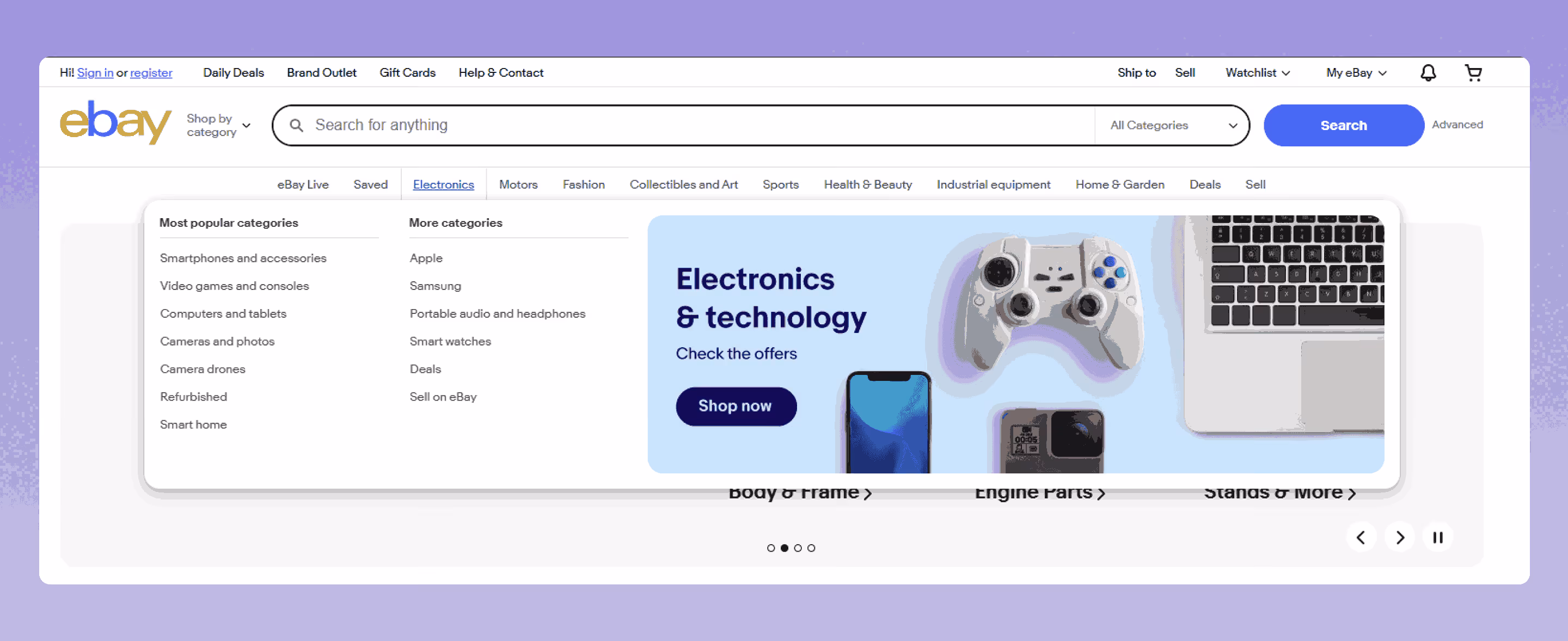 eBay mega menu showing category-first design with expandable submenus and multi-column layout