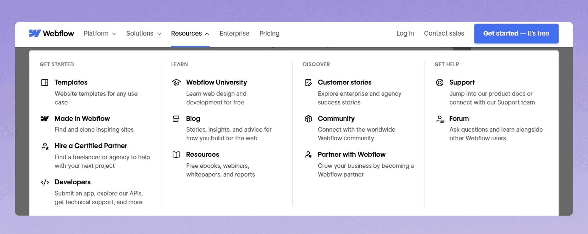Webflow mega menu with clear sections, icons, and concise link descriptions