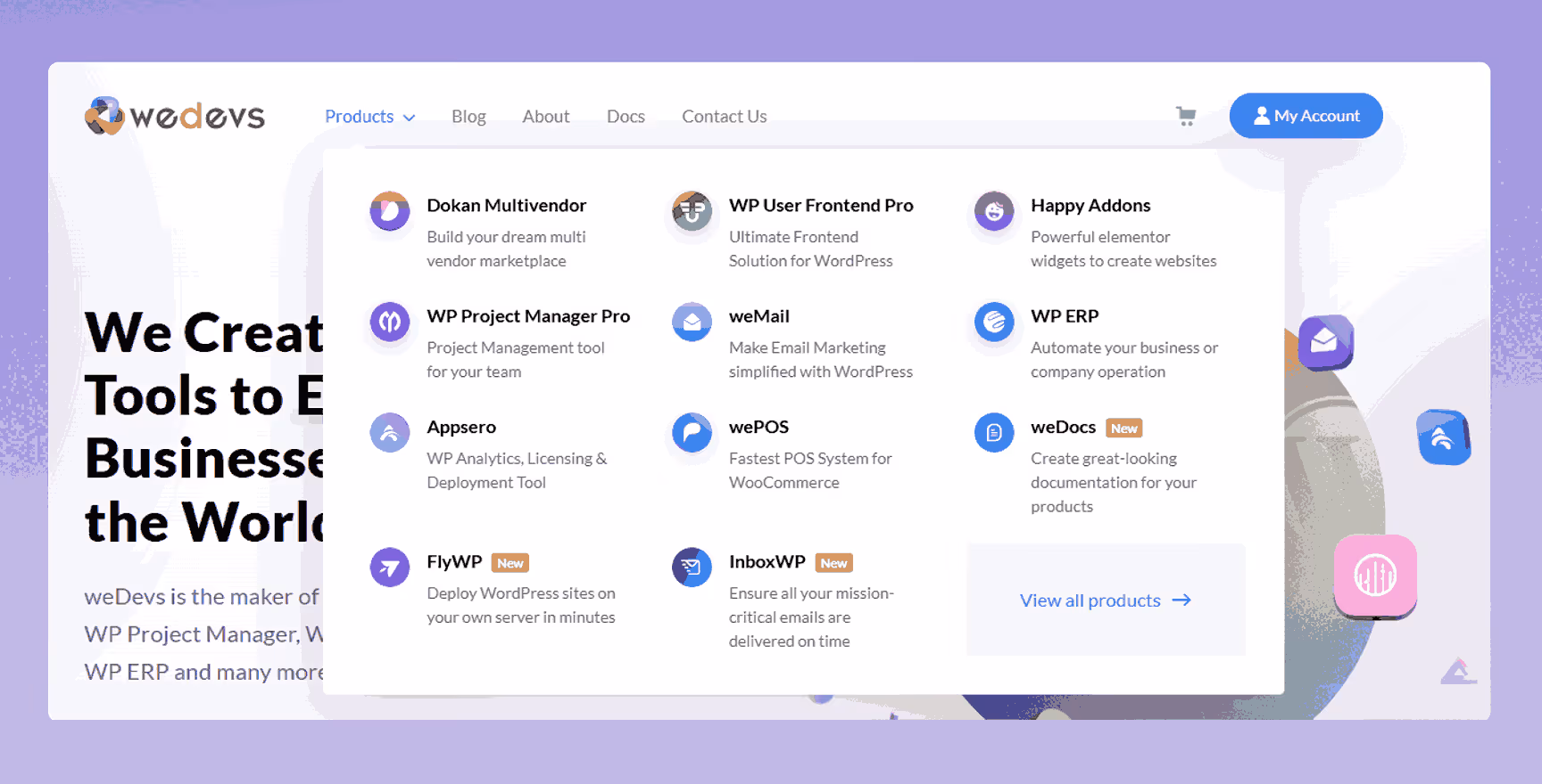 weDevs mega menu with responsive layout and clear labels