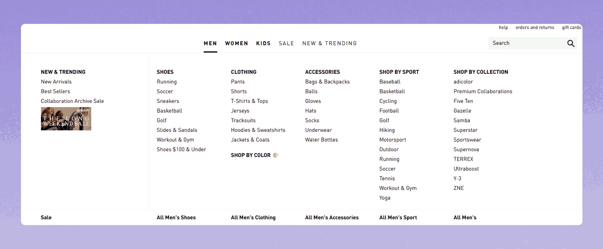 Adidas text-only mega menu with multi-column layout by product type for Men, Women, and Kids