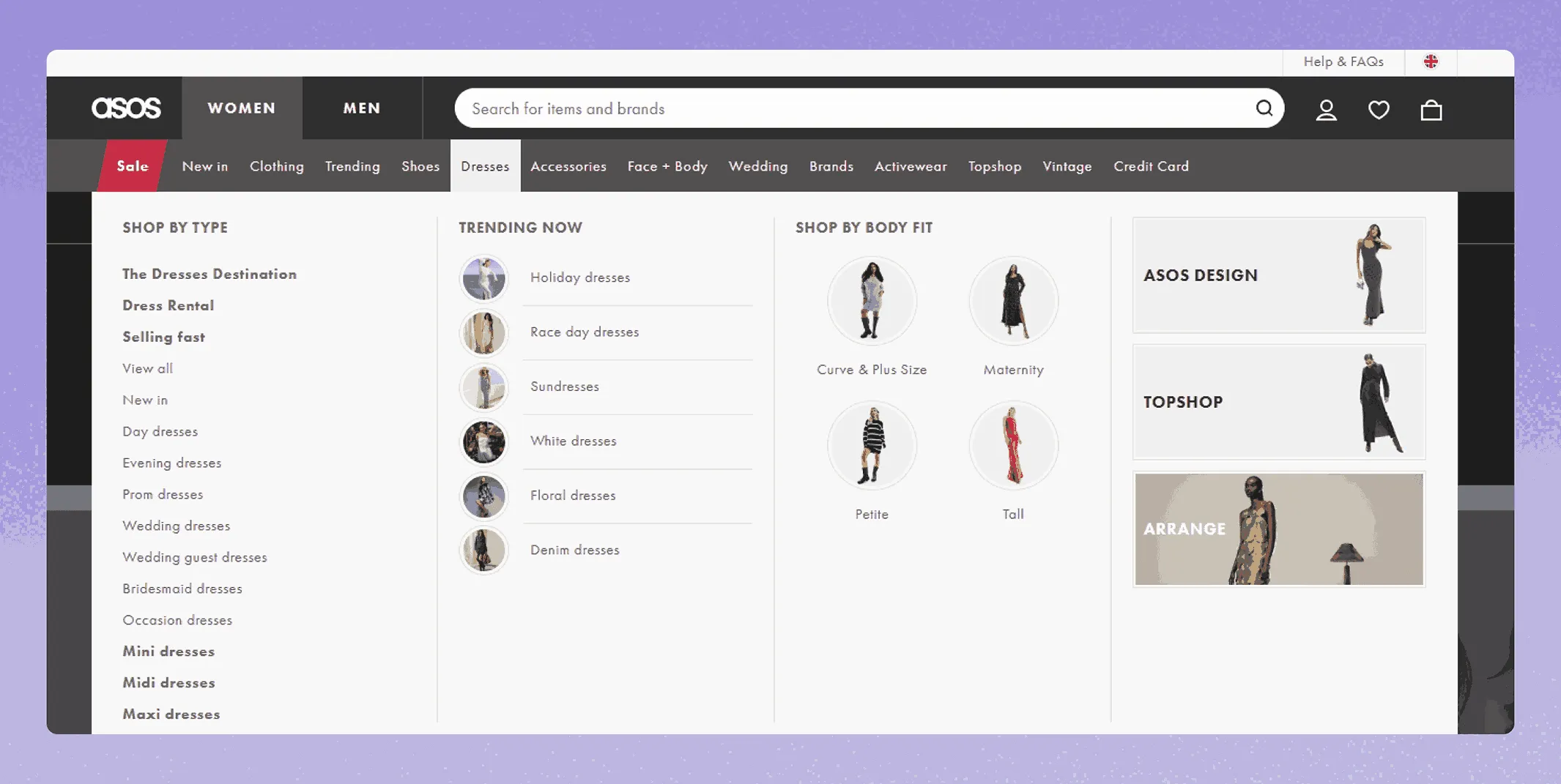 ASOS mega menu using a multi-column layout with category-first structure and icons