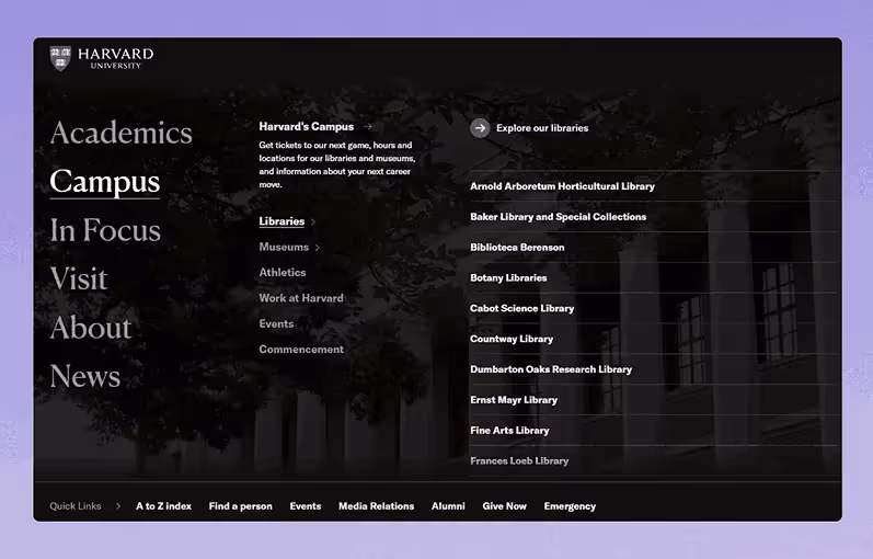 Harvard University text-only mega menu showing academic sections like Libraries and Museums