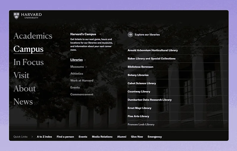 Harvard University text-only mega menu showing academic sections like Libraries and Museums