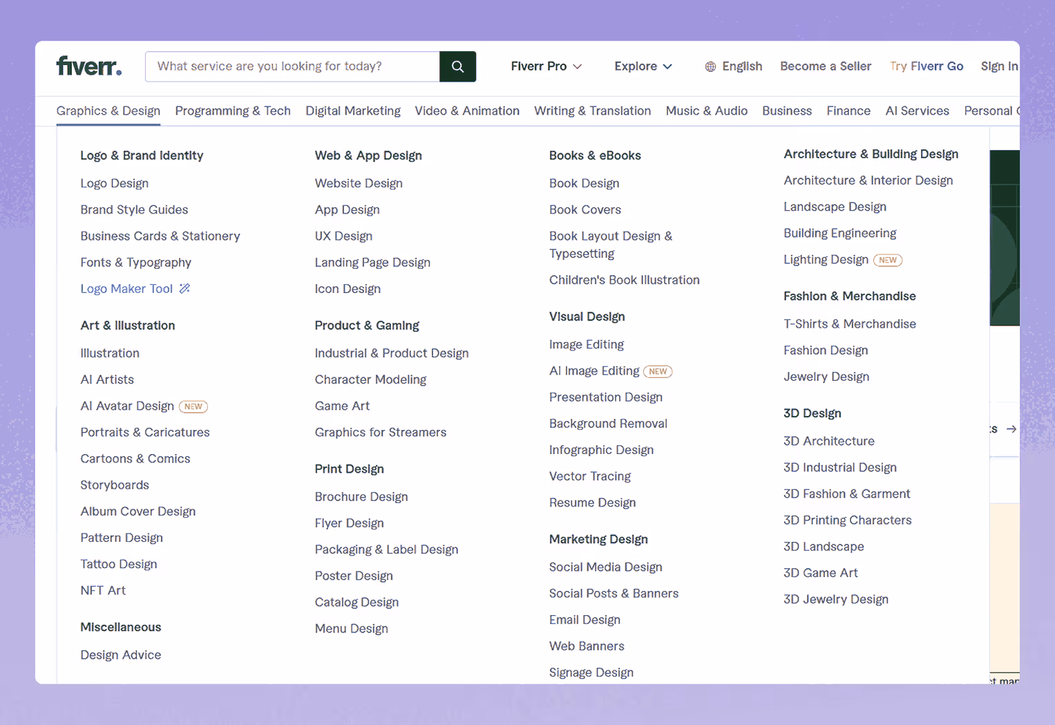 Fiverr mega menu with multi-column layout organizing freelance services and minimal icons for new tags